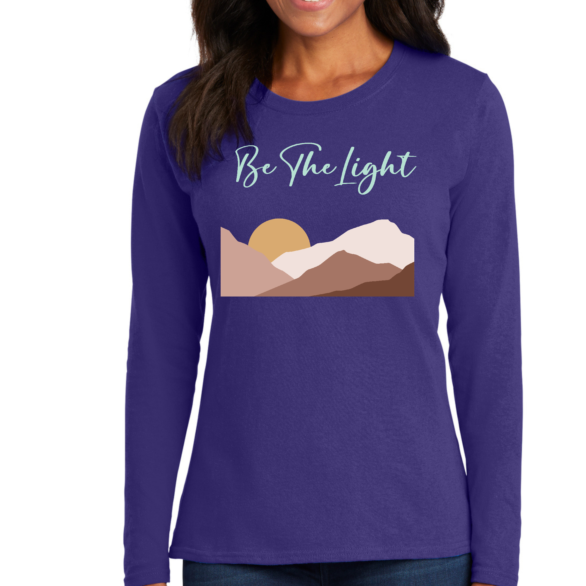 Womens Long Sleeve Graphic T-shirt featuring the inspirational phrase 'Say it Soul, be the Light' in a stylish design.