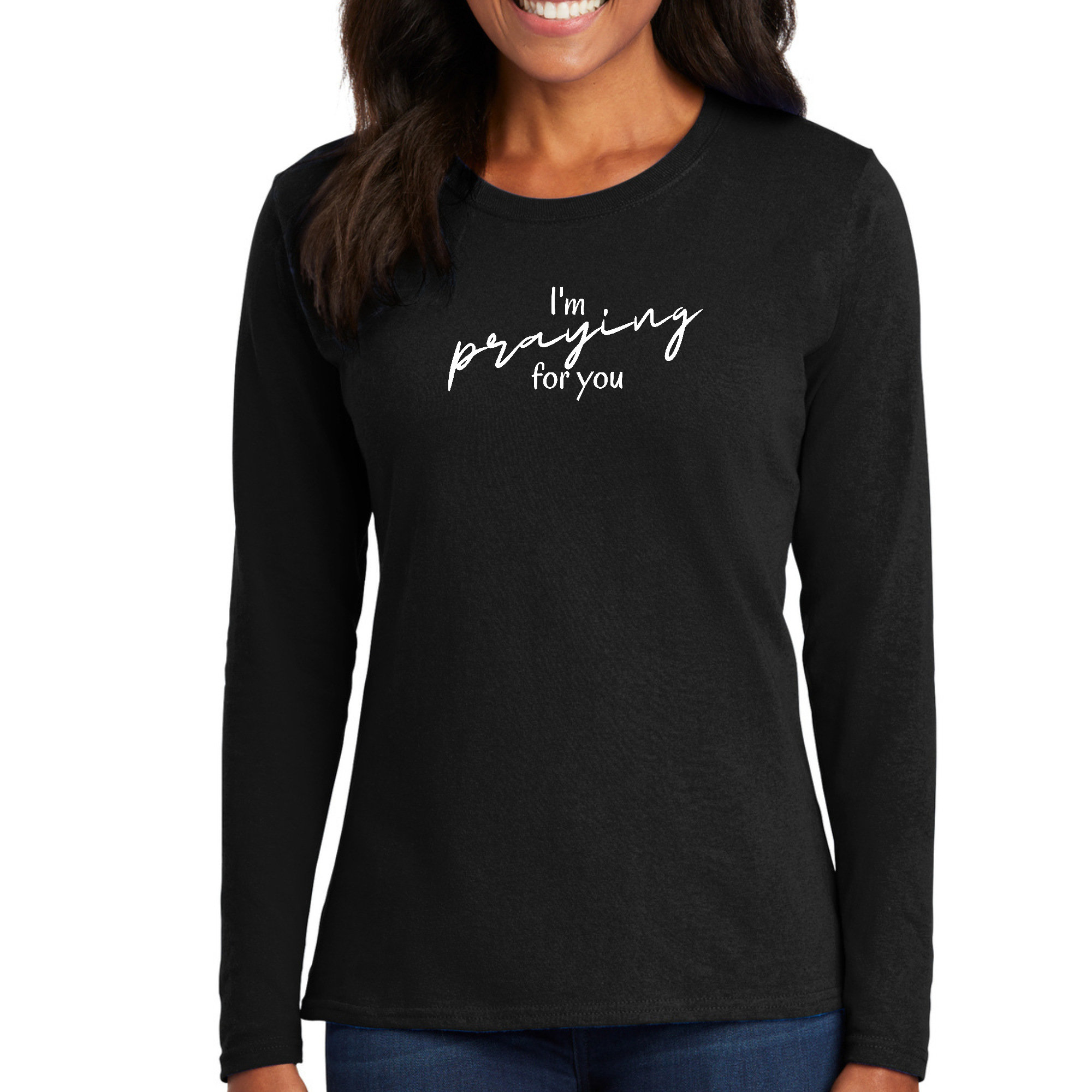 Women's Long Sleeve Graphic T-shirt featuring 'I'm Praying For You' illustration in vibrant colors, made from soft cotton fabric.