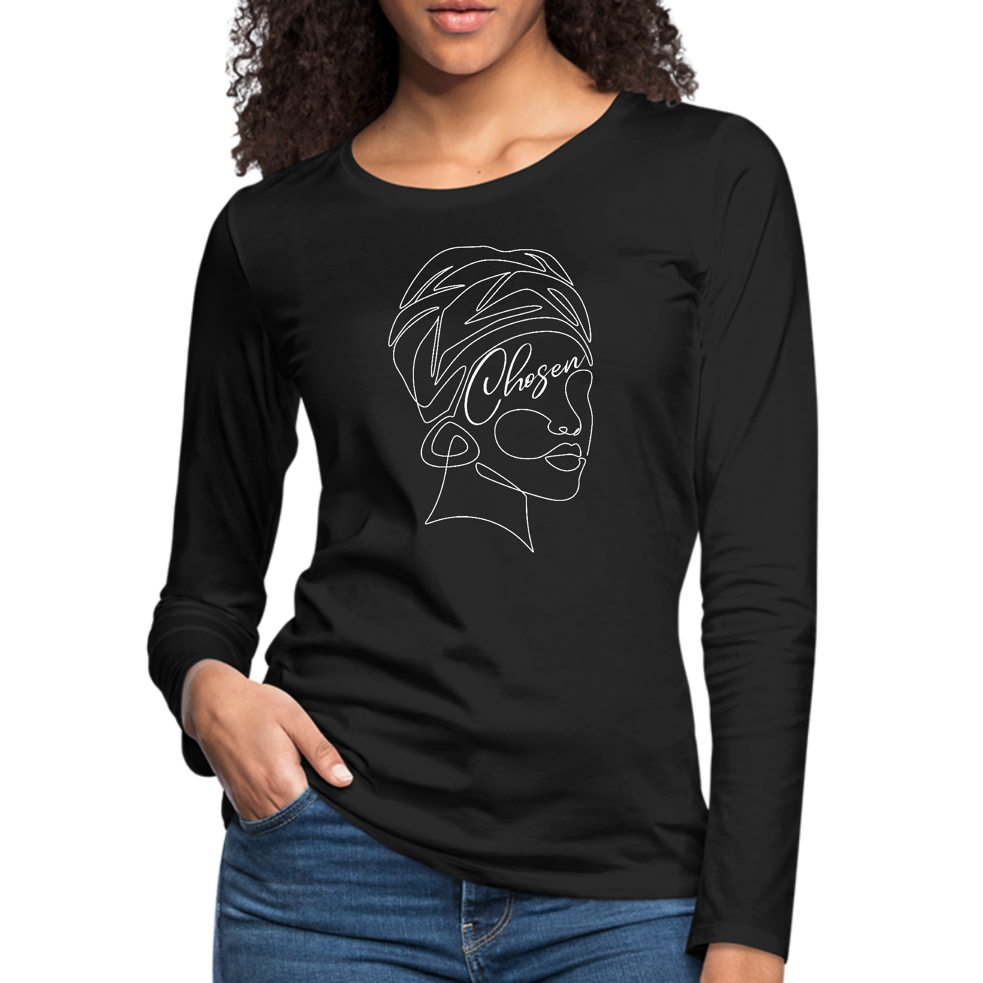 Women's Long Sleeve Graphic T-shirt featuring line art of a black woman, showcasing self-worth and empowerment in a stylish design.