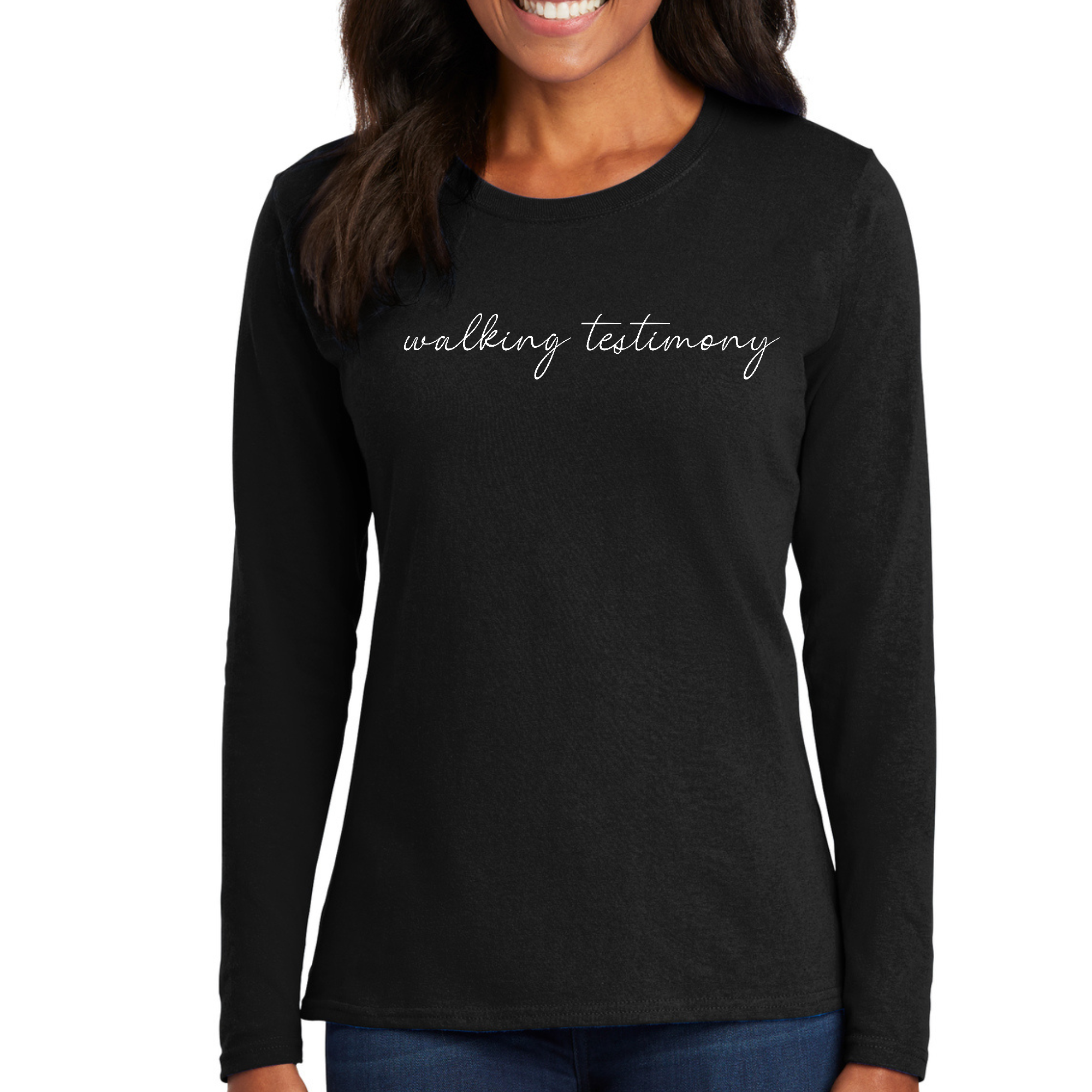 Women's Long Sleeve Graphic T-shirt featuring 'Say it Soul, Walking Testimony' design, made from soft preshrunk cotton.