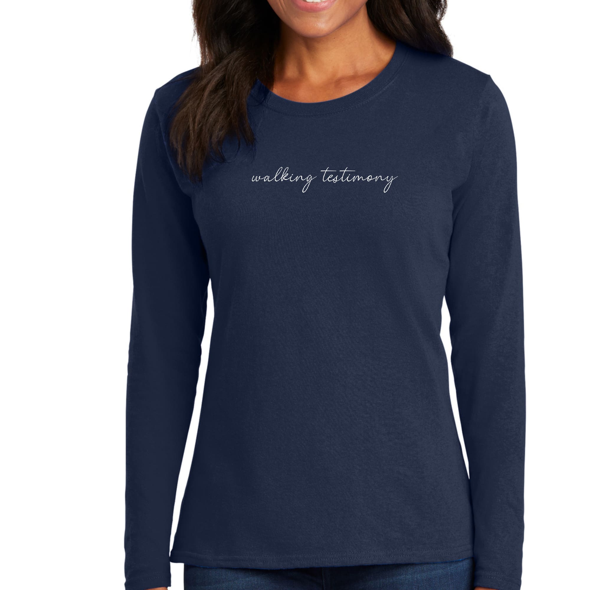 Women's Long Sleeve Graphic T-shirt featuring 'Say it Soul, Walking Testimony' design, made from soft preshrunk cotton.