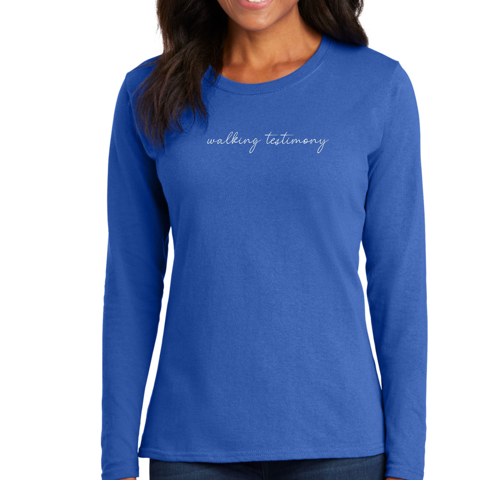 Women's Long Sleeve Graphic T-shirt featuring 'Say it Soul, Walking Testimony' design, made from soft preshrunk cotton.