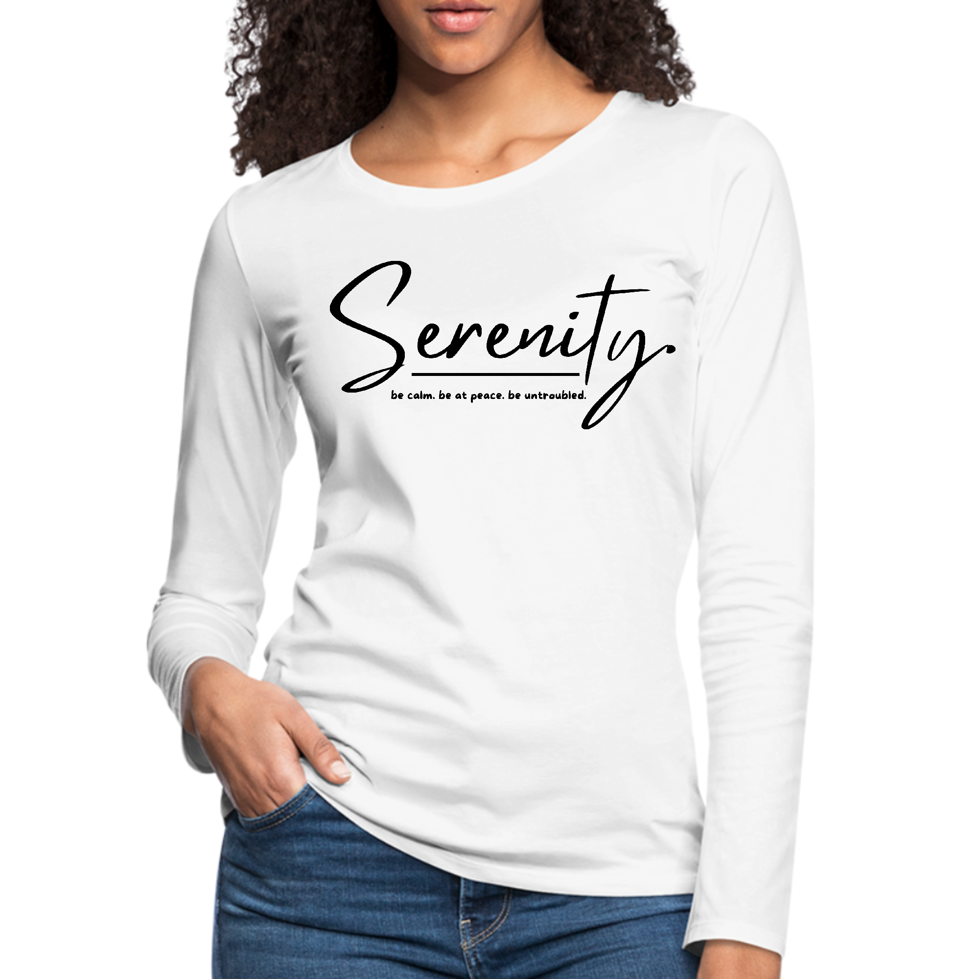 Women's Long Sleeve Graphic T-shirt in black featuring the inspirational text 'Be Calm Be at Peace Be Untroubled' with a classic crewneck design.