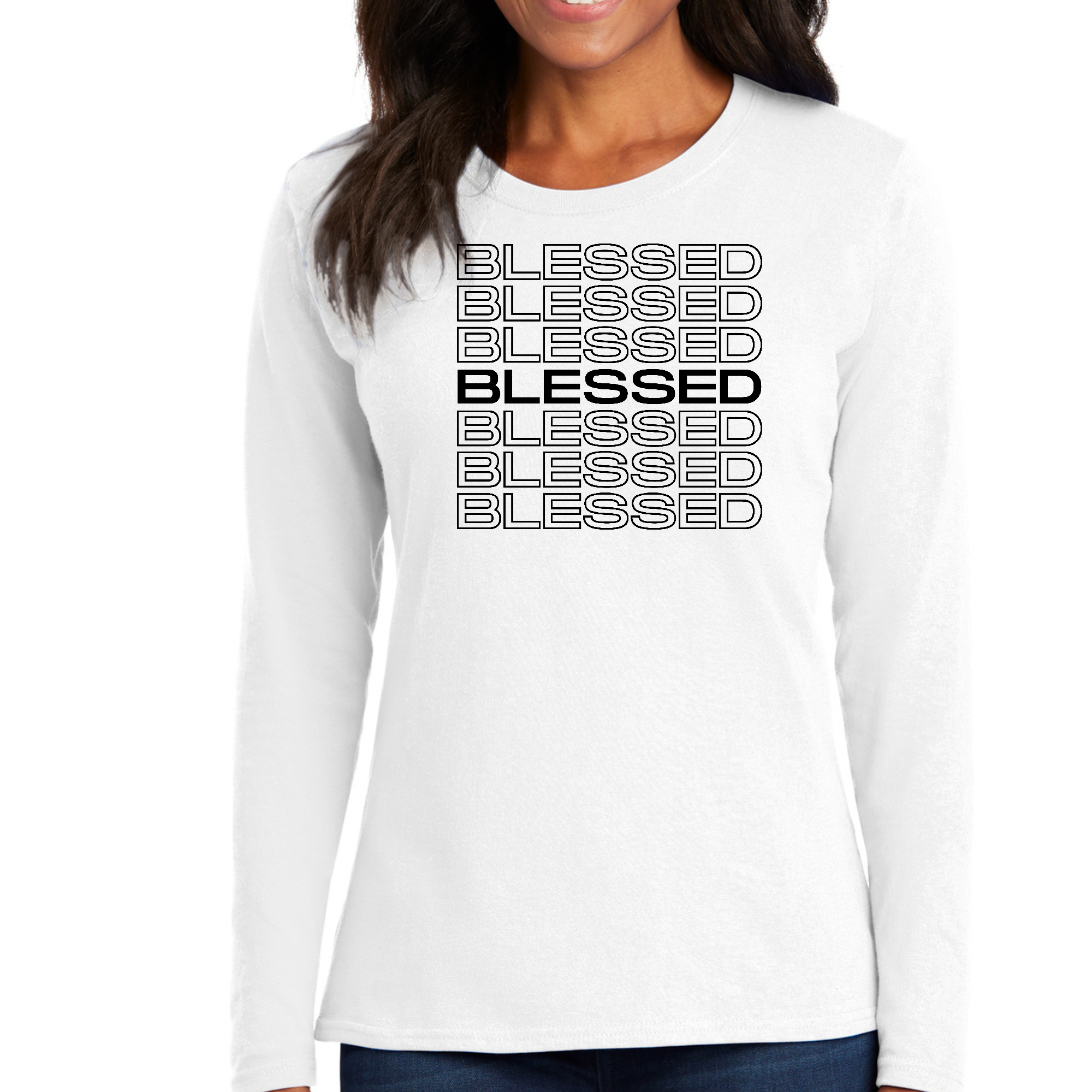 Women's Long Sleeve Graphic T-shirt in black featuring a Stacked Blessed Print, made from soft preshrunk cotton for comfort.