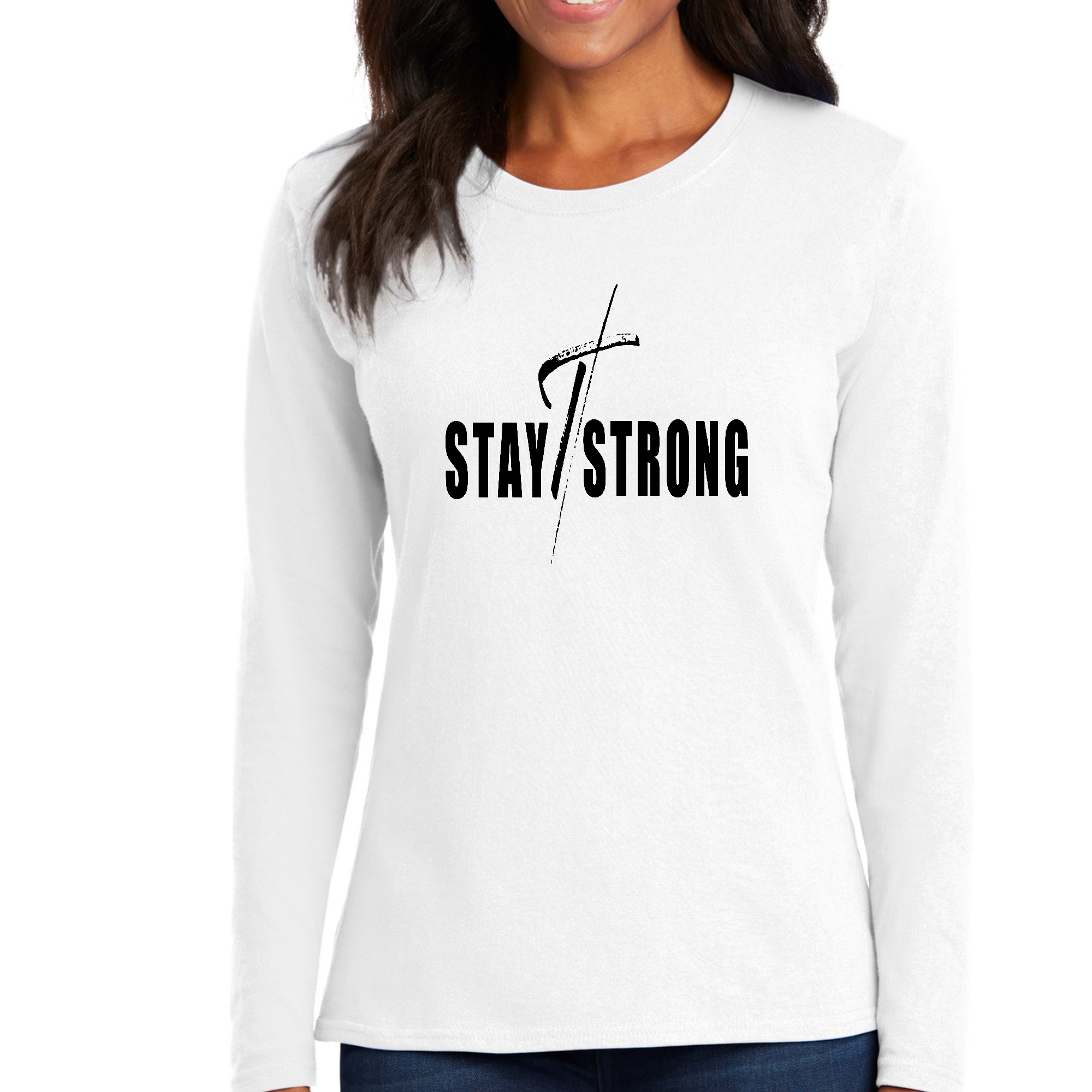 Women's Long Sleeve Graphic T-shirt featuring a black 'Stay Strong' cross print, made from soft cotton fabric.