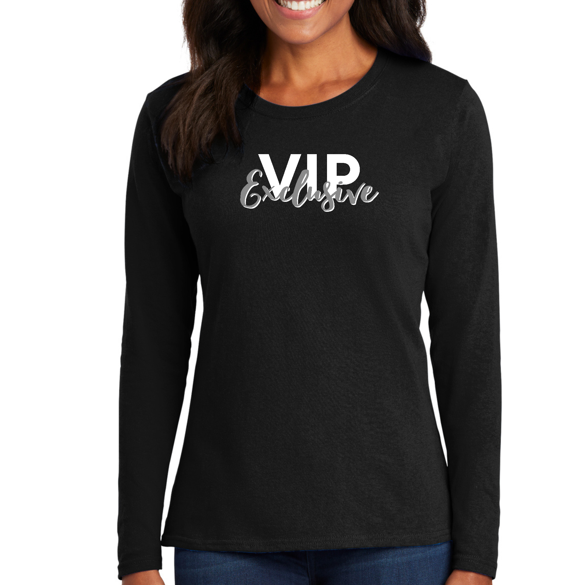 Women's Long Sleeve Graphic T-shirt in Grey and White with affirmation design, showcasing a stylish and comfortable fit.