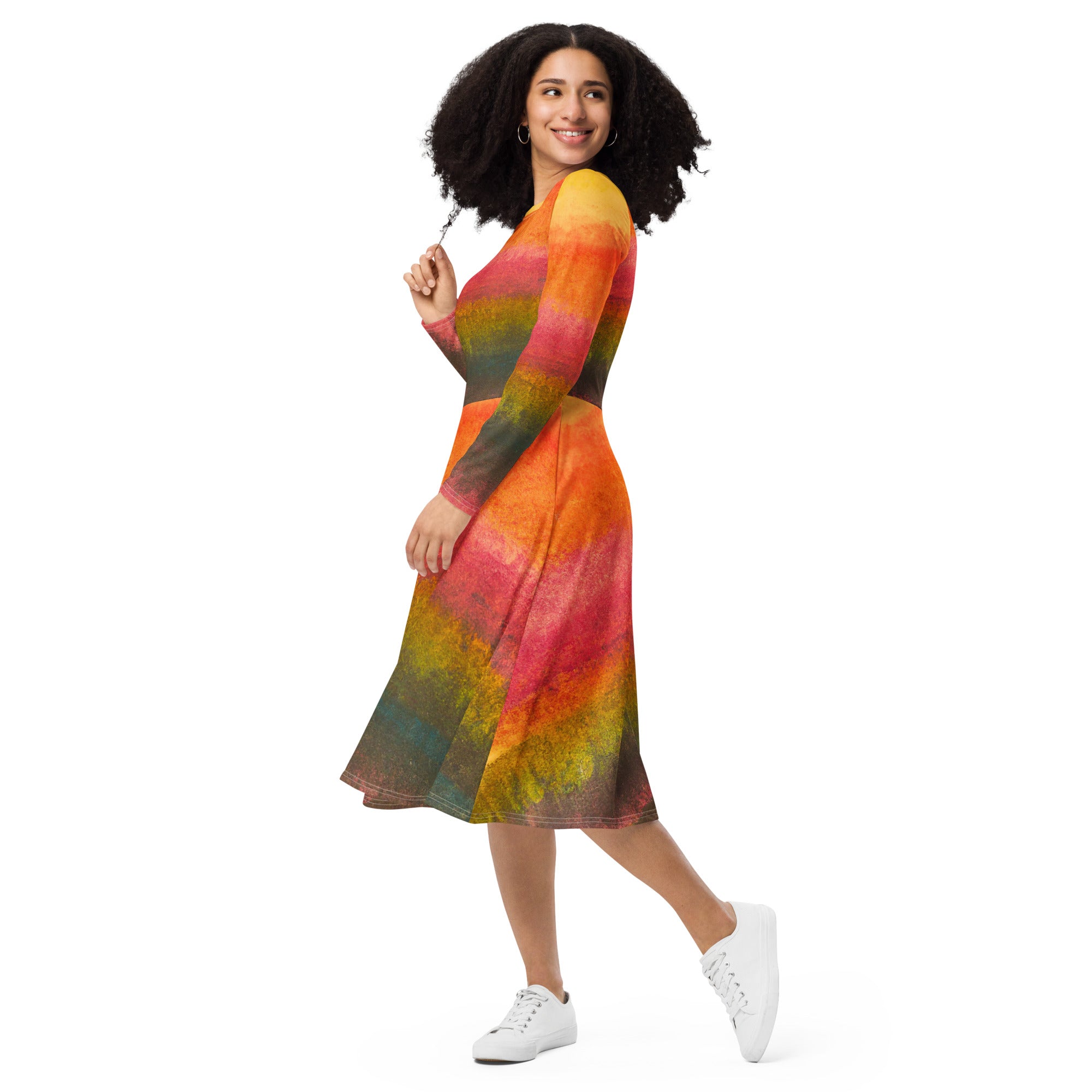 Womens Long Sleeve Midi Dress featuring a watercolor abstract print, showcasing its fitted waist, flared bottom, and side pockets.