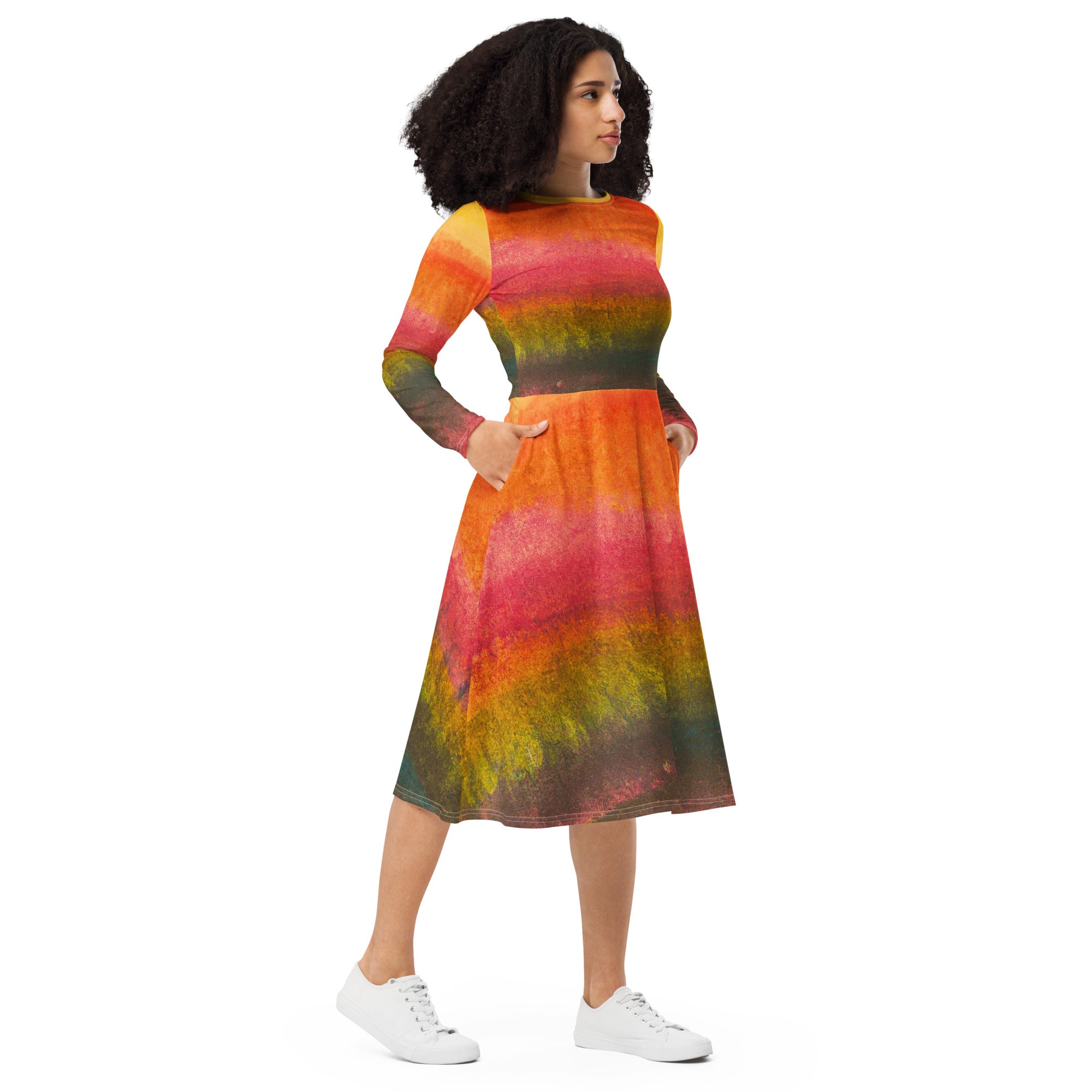 Womens Long Sleeve Midi Dress featuring a watercolor abstract print, showcasing its fitted waist, flared bottom, and side pockets.