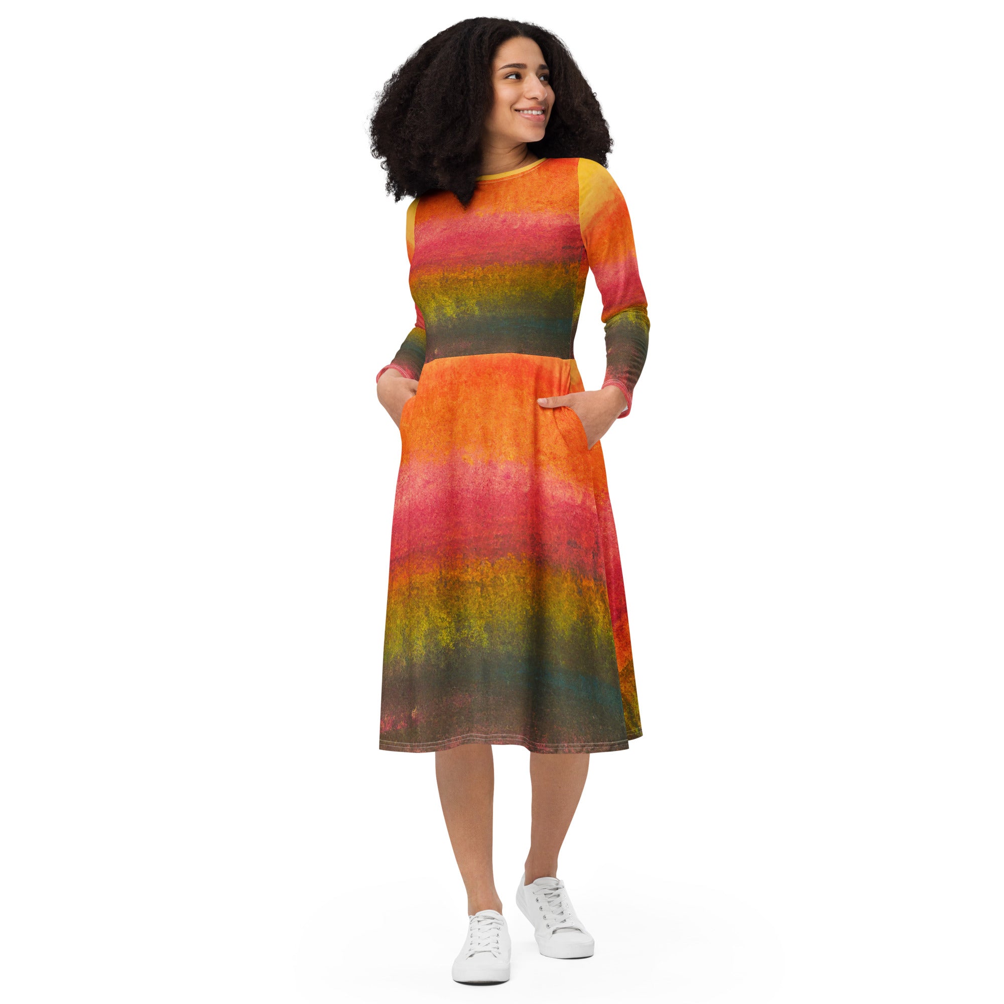 Womens Long Sleeve Midi Dress featuring a watercolor abstract print, showcasing its fitted waist, flared bottom, and side pockets.