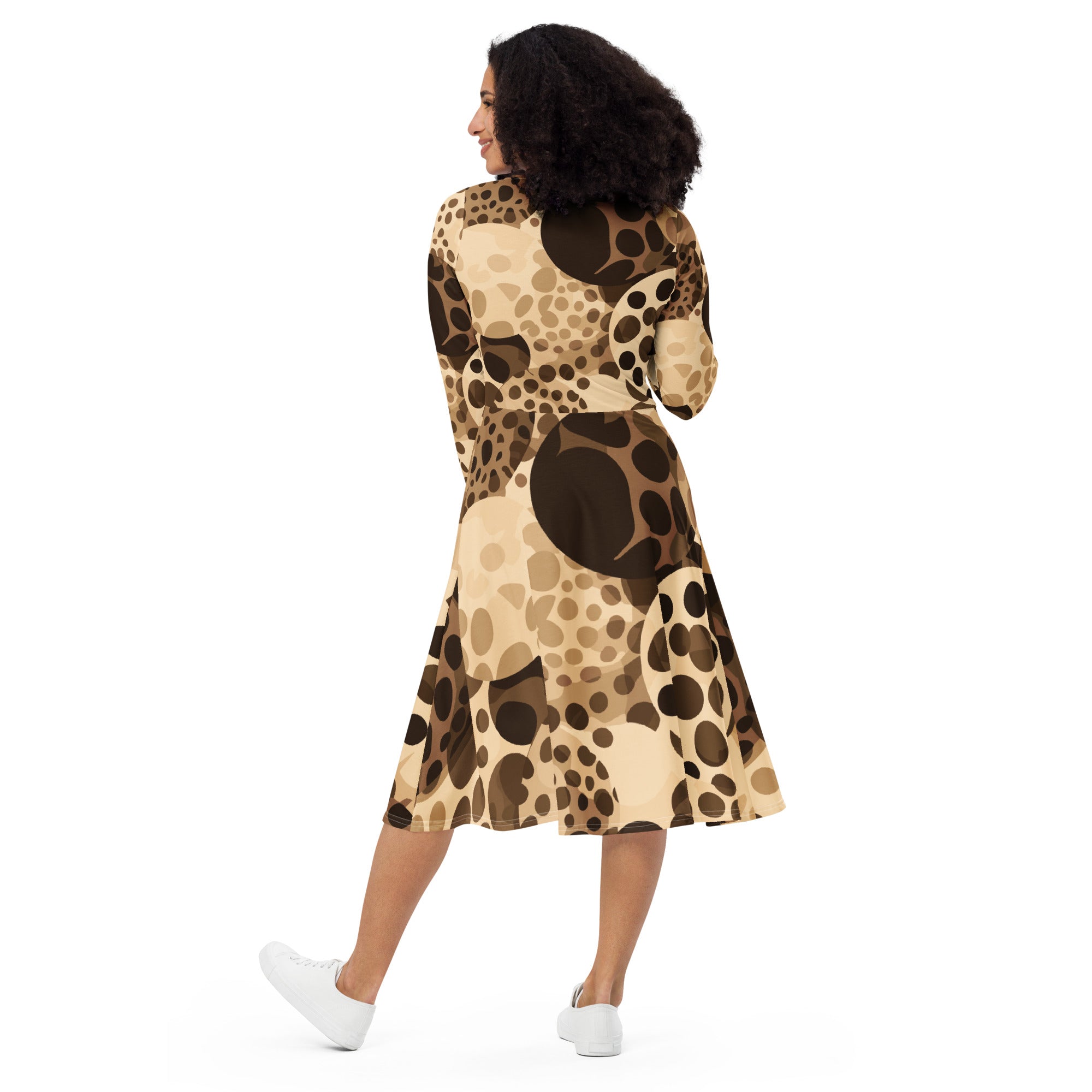 Womens Long Sleeve Midi Dress in beige brown spotted print, showcasing its elegant design and side pockets.