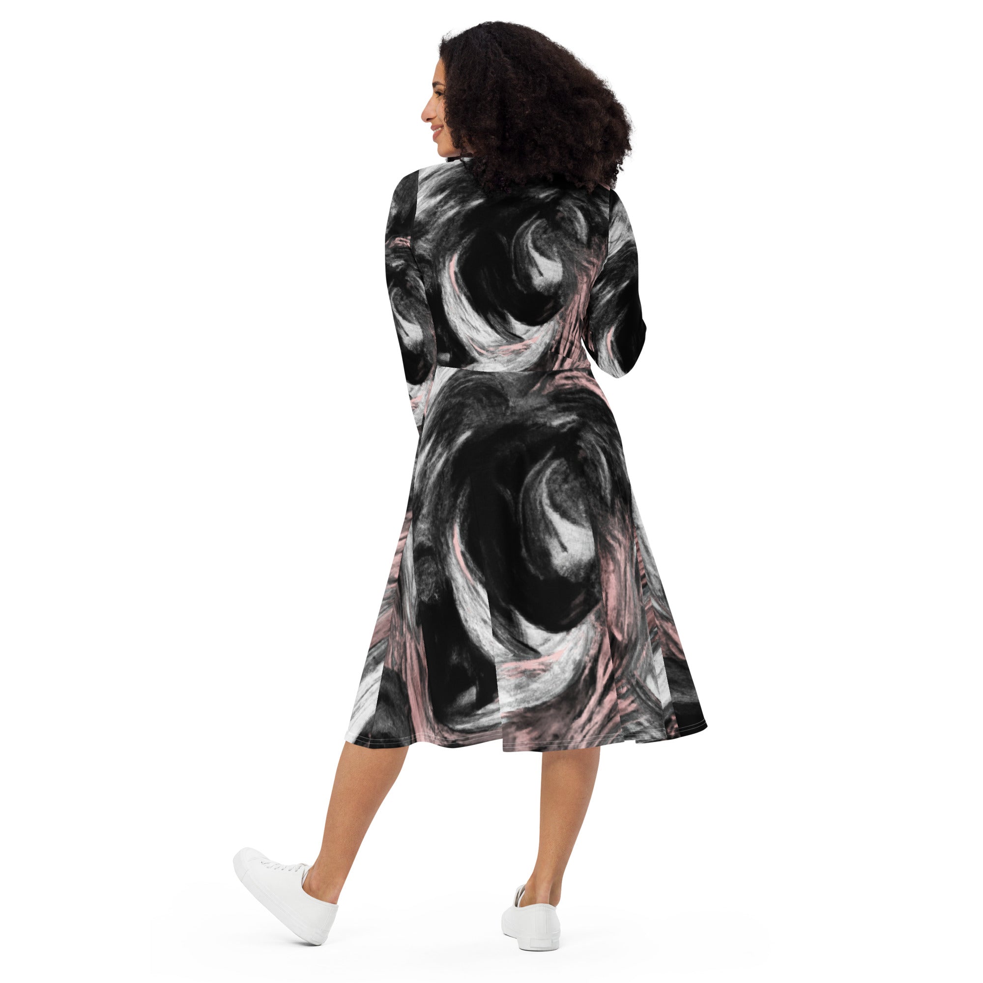 Womens Long Sleeve Midi Dress featuring a black, pink, and white abstract pattern, showcasing its elegant design and comfortable fit.