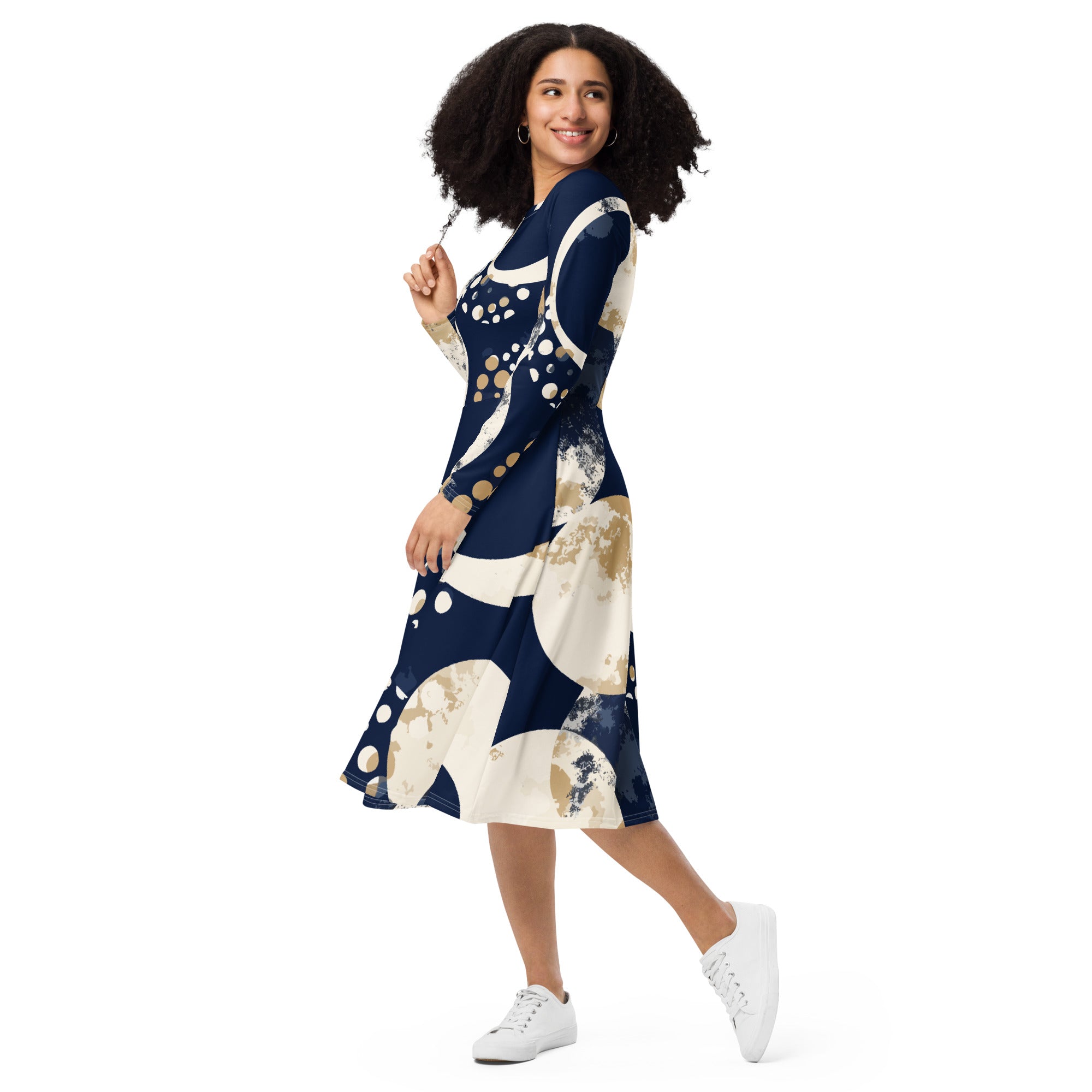 Womens Long Sleeve Midi Dress featuring a blue beige spotted print, showcasing a fitted waist, flared bottom, and side pockets.