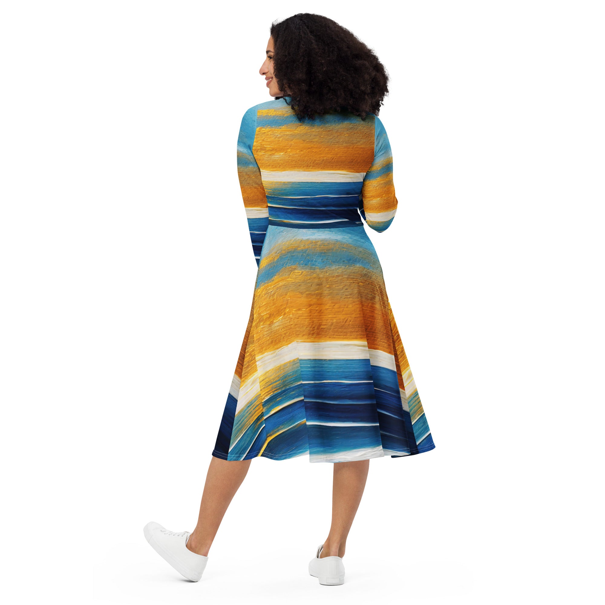 Womens Long Sleeve Midi Dress featuring a Blue Ocean Golden Sunset Print, showcasing its elegant design and comfortable fit.