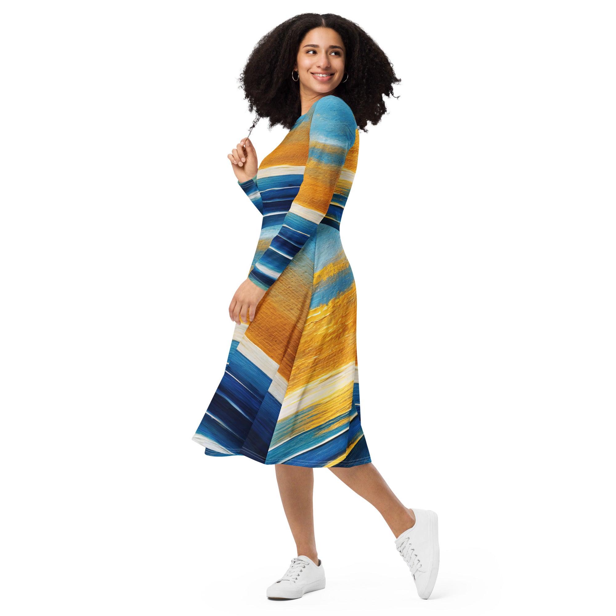 Womens Long Sleeve Midi Dress featuring a Blue Ocean Golden Sunset Print, showcasing its elegant design and comfortable fit.