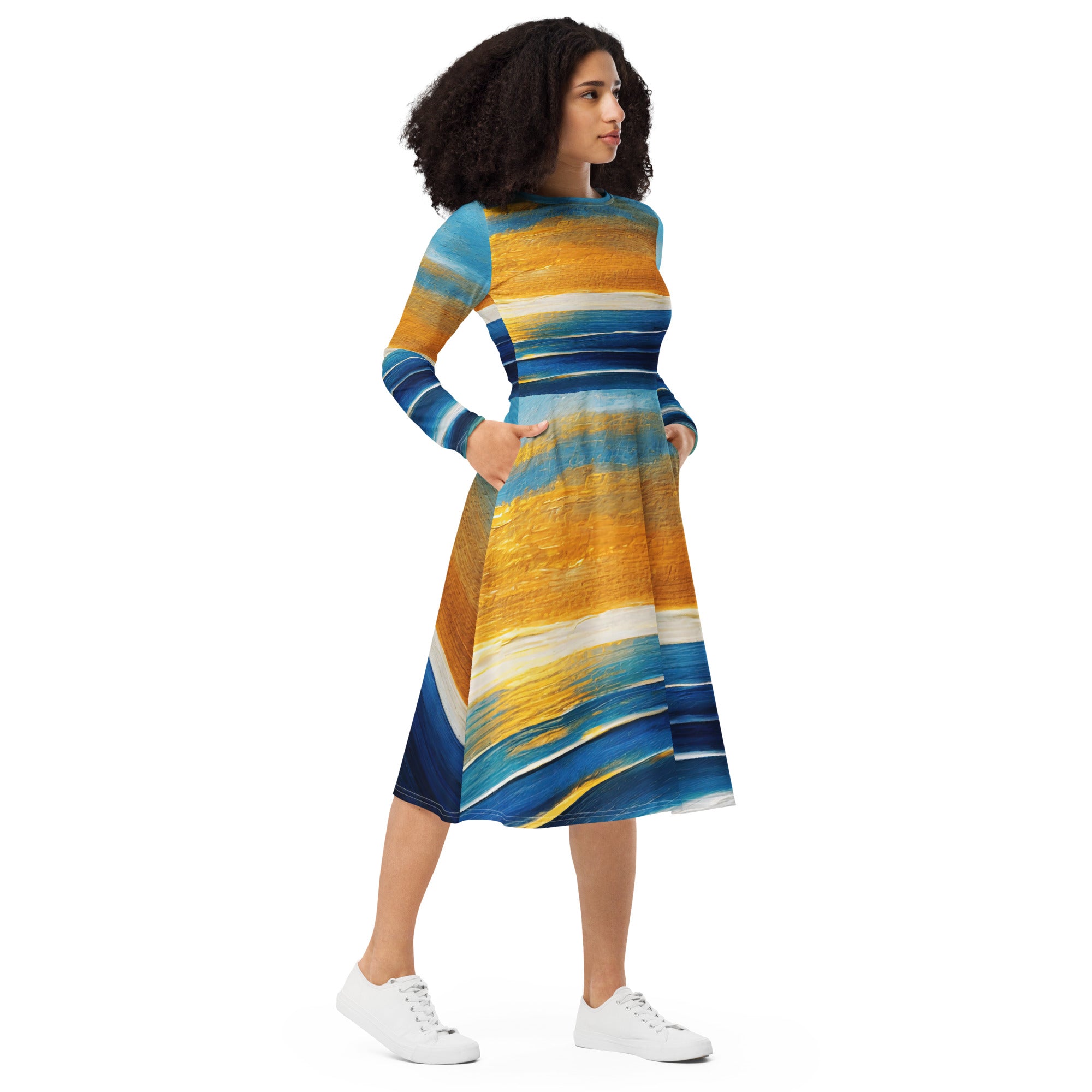 Womens Long Sleeve Midi Dress featuring a Blue Ocean Golden Sunset Print, showcasing its elegant design and comfortable fit.