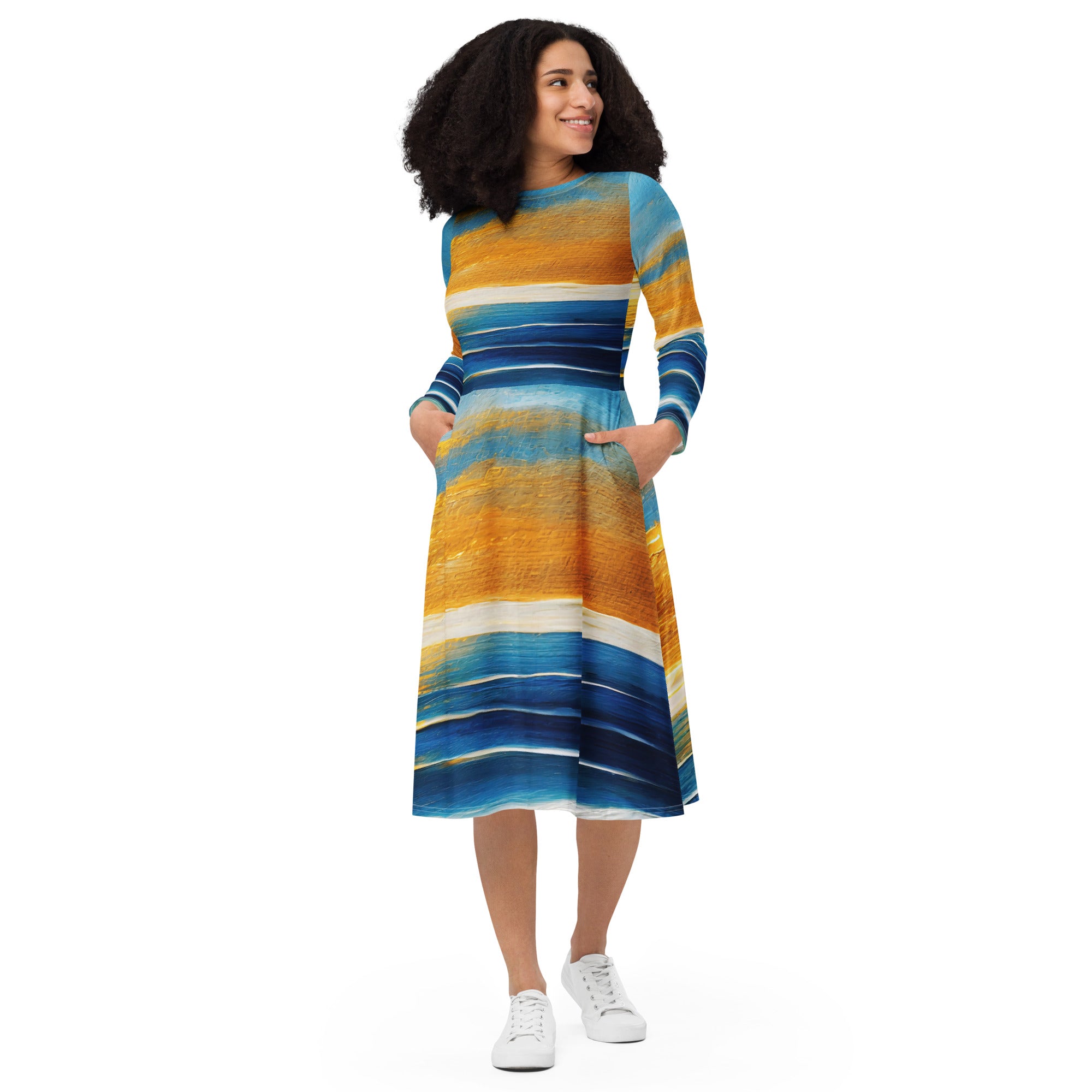 Womens Long Sleeve Midi Dress featuring a Blue Ocean Golden Sunset Print, showcasing its elegant design and comfortable fit.