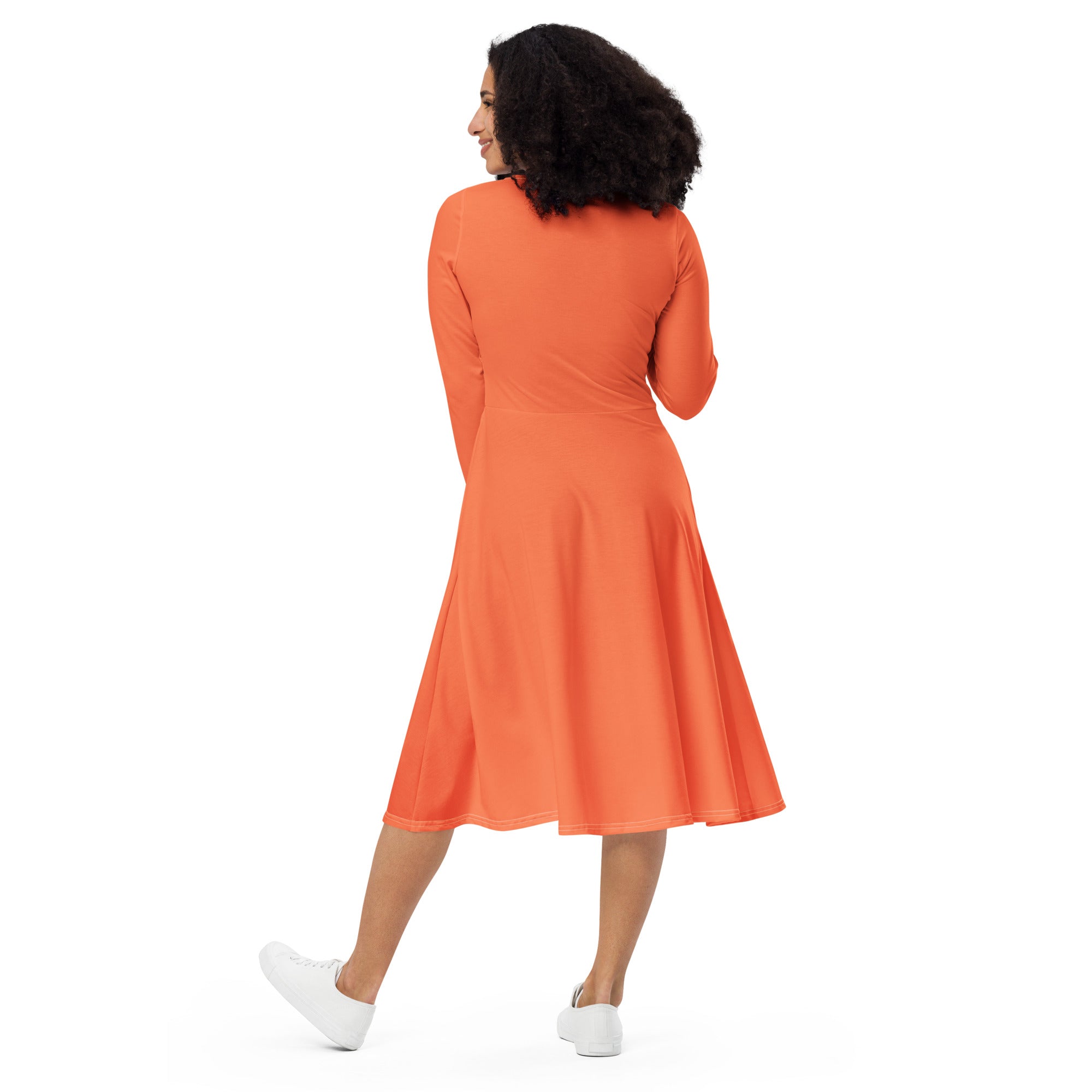 Womens Long Sleeve Midi Dress in Coral Orange Red featuring a fitted waist, flared bottom, and side pockets, perfect for any occasion.