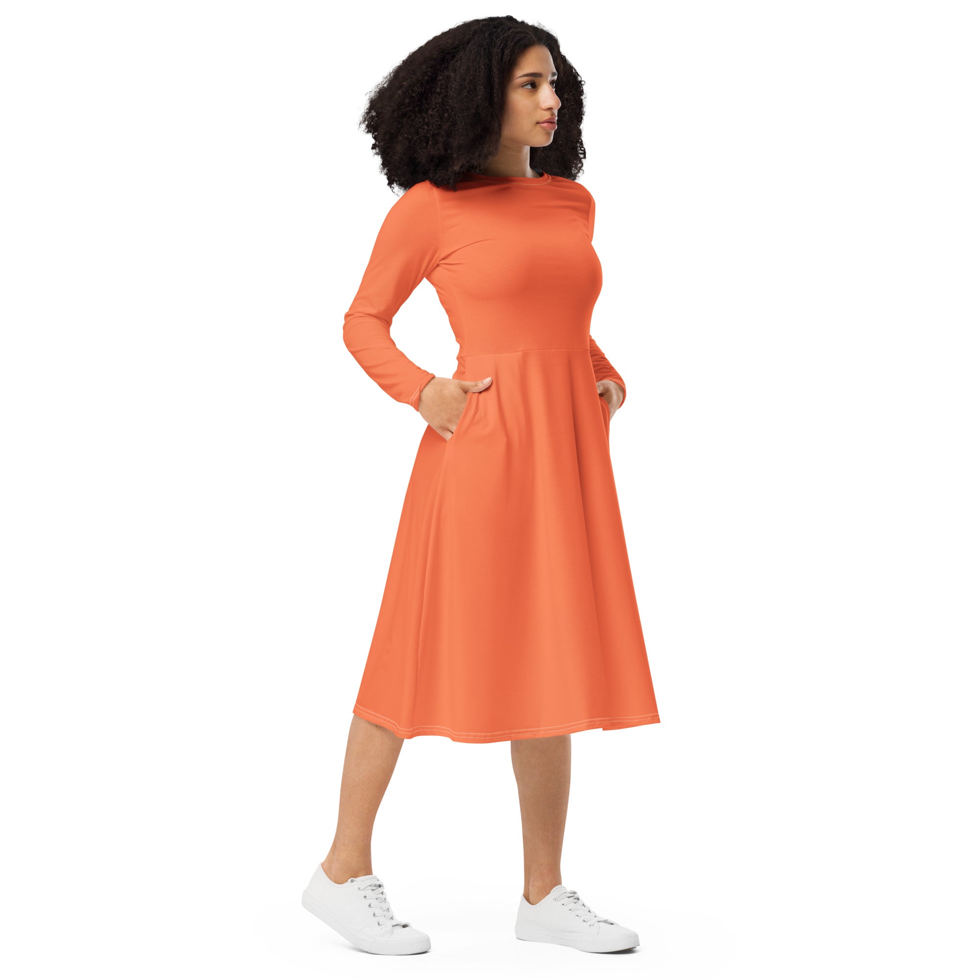 Womens Long Sleeve Midi Dress in Coral Orange Red featuring a fitted waist, flared bottom, and side pockets, perfect for any occasion.