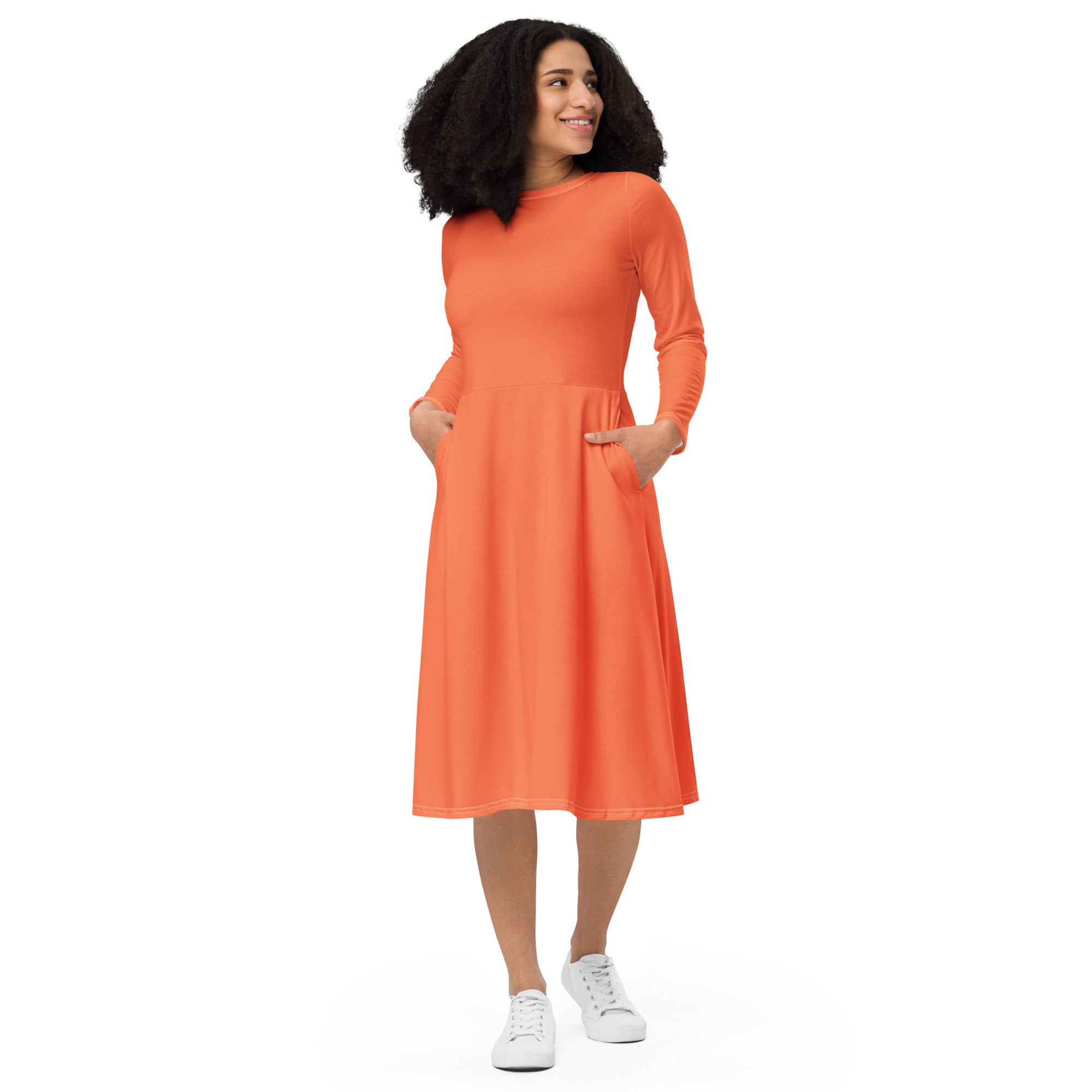 Womens Long Sleeve Midi Dress in Coral Orange Red featuring a fitted waist, flared bottom, and side pockets, perfect for any occasion.