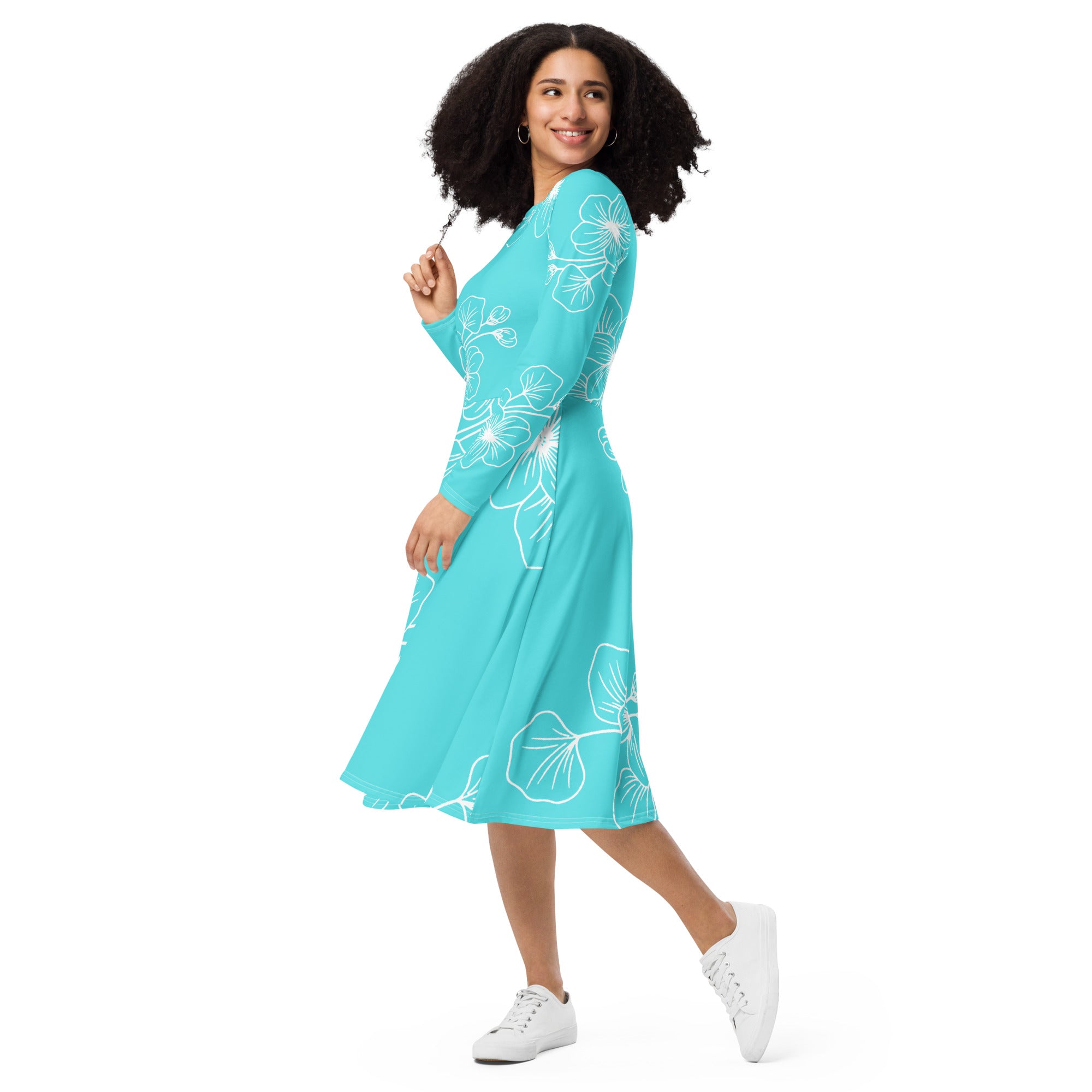 Womens Long Sleeve Midi Dress in Floral Cyan Blue, featuring a fitted waist, flared bottom, and side pockets.