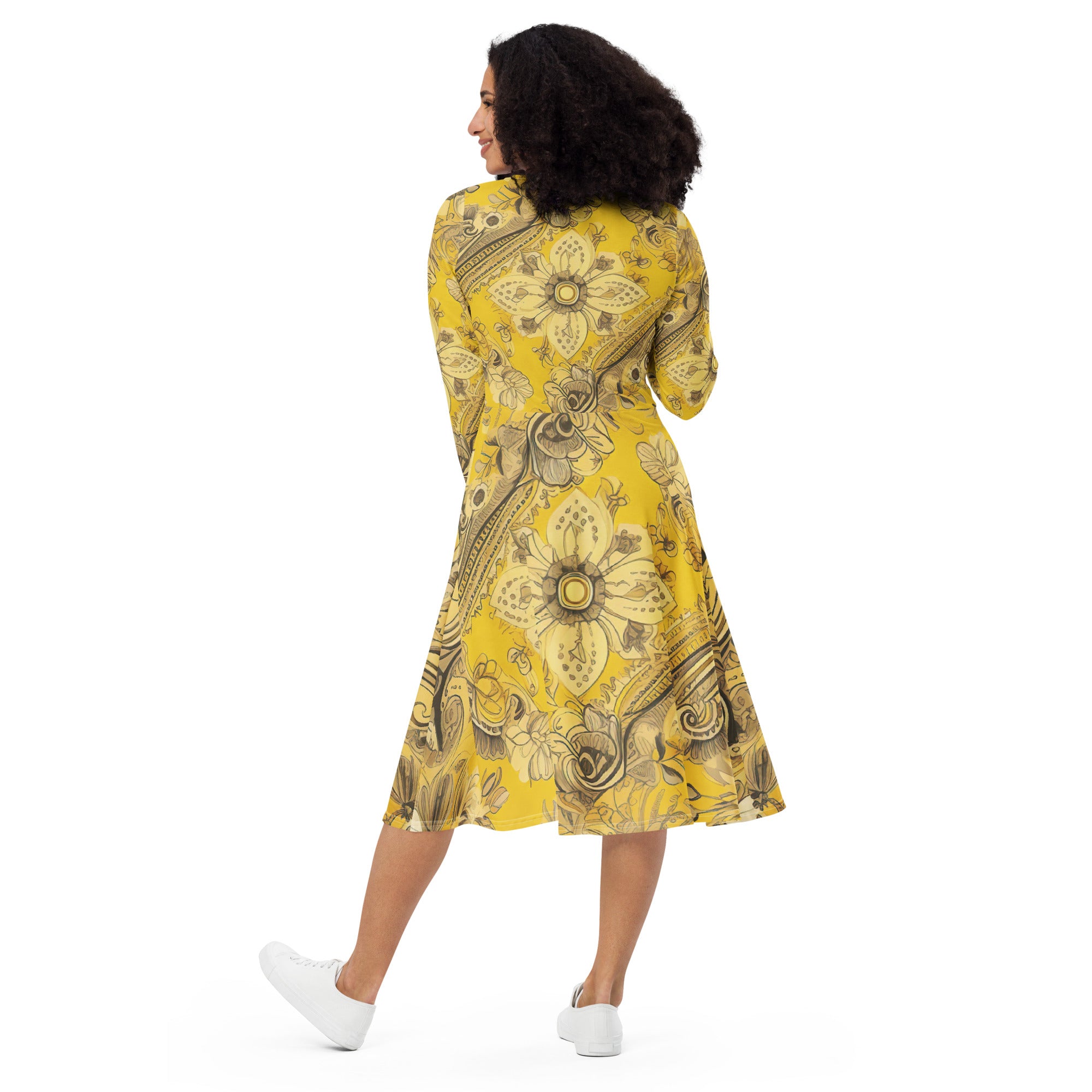 Womens Long Sleeve Midi Dress featuring a Floral Yellow Bandanna Print, showcasing its elegant design and comfortable fit.