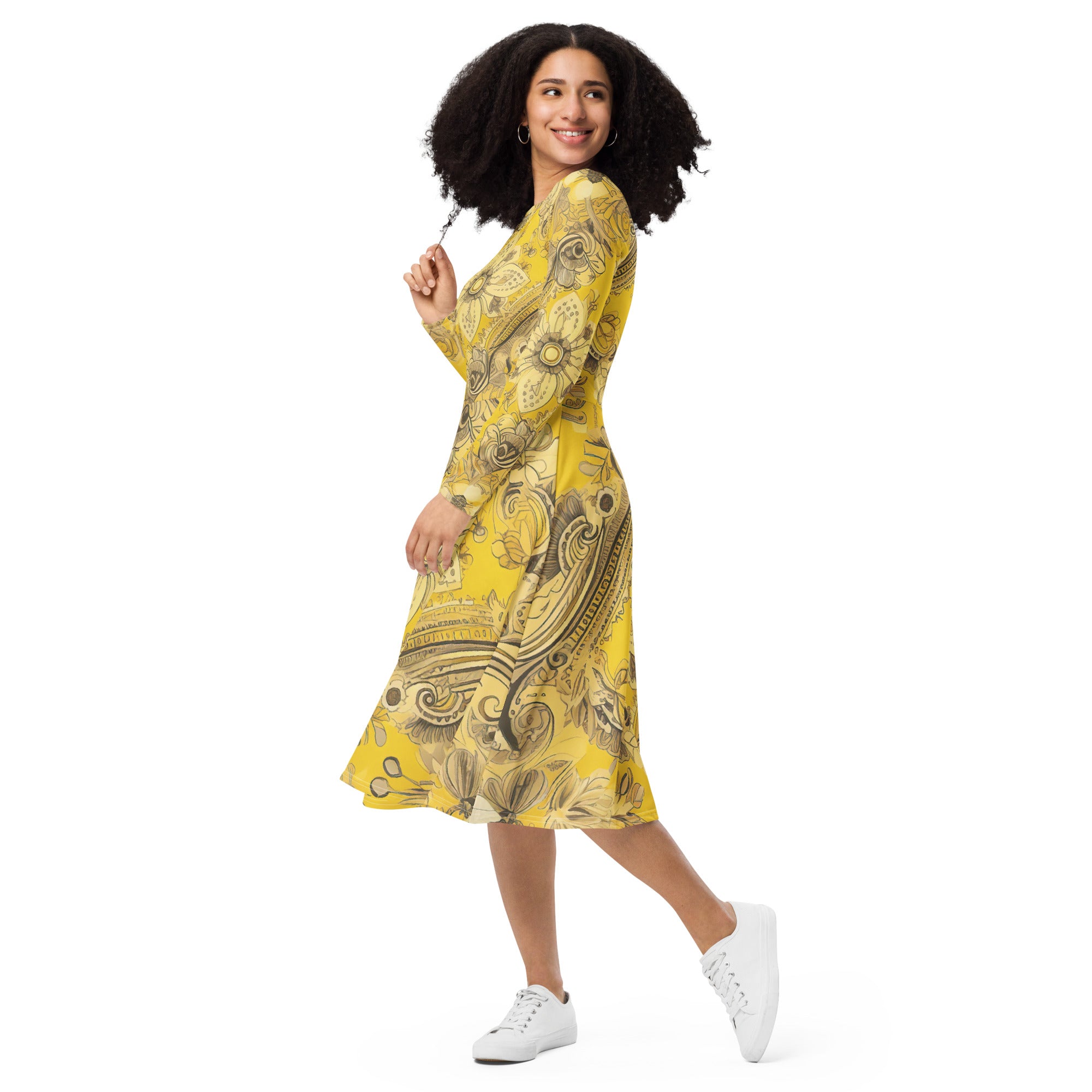 Womens Long Sleeve Midi Dress featuring a Floral Yellow Bandanna Print, showcasing its elegant design and comfortable fit.