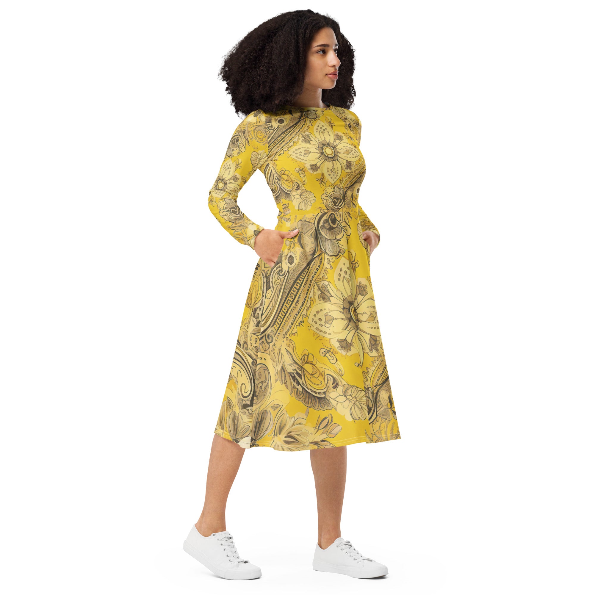 Womens Long Sleeve Midi Dress featuring a Floral Yellow Bandanna Print, showcasing its elegant design and comfortable fit.