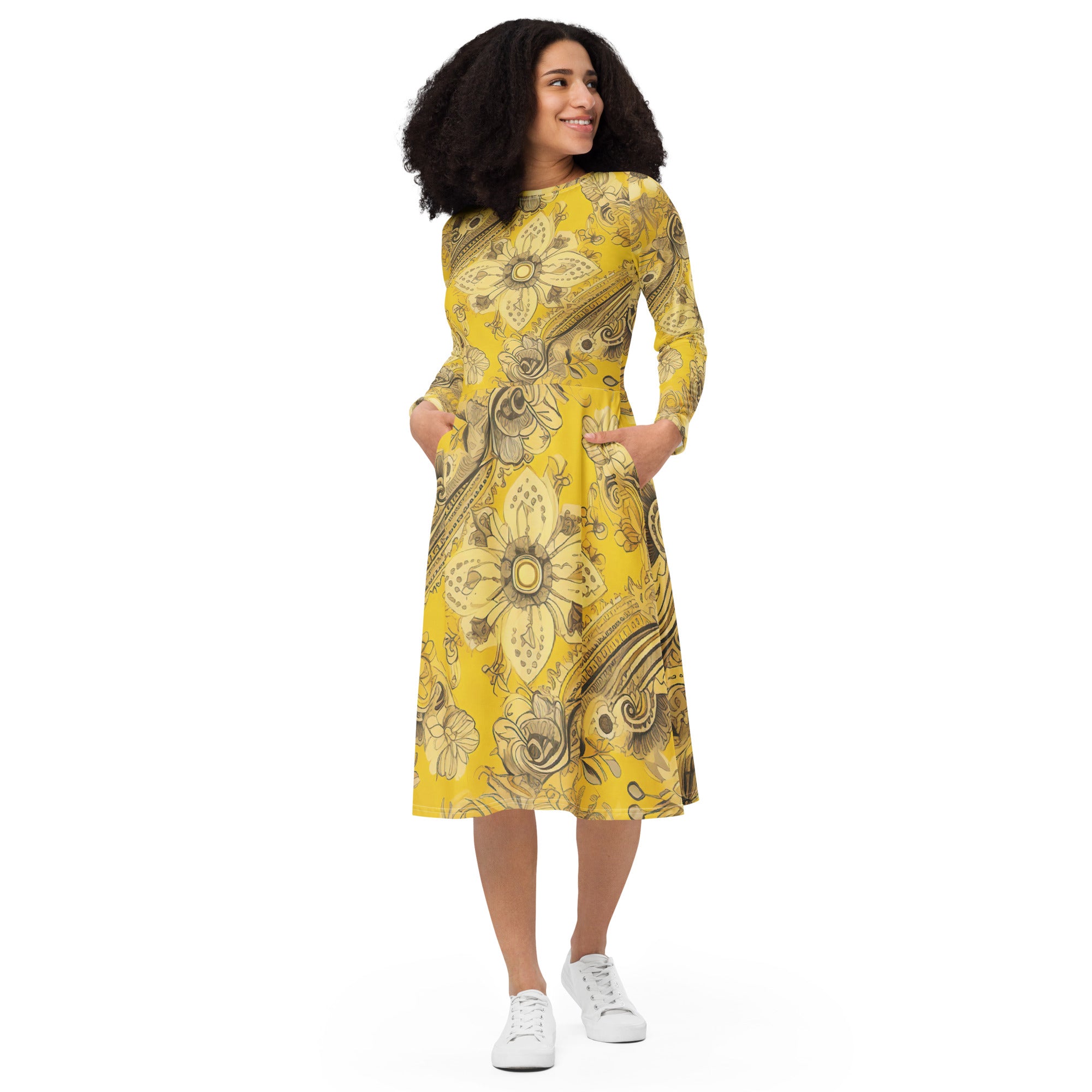 Womens Long Sleeve Midi Dress featuring a Floral Yellow Bandanna Print, showcasing its elegant design and comfortable fit.