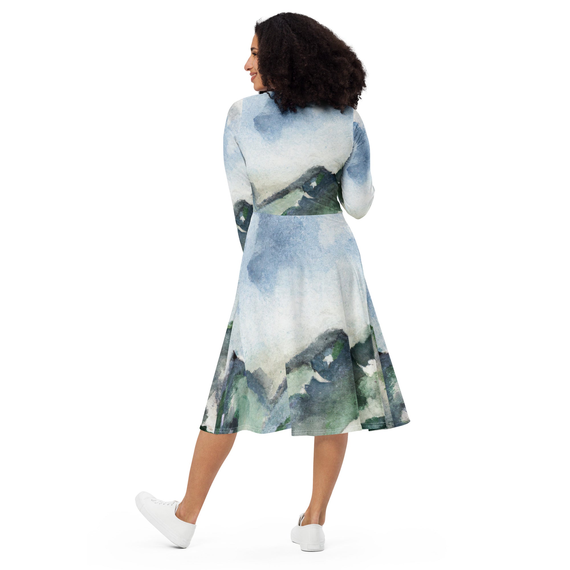 Womens Long Sleeve Midi Dress with Green Mountainside Nature Landscape print, featuring a boat neckline and side pockets.