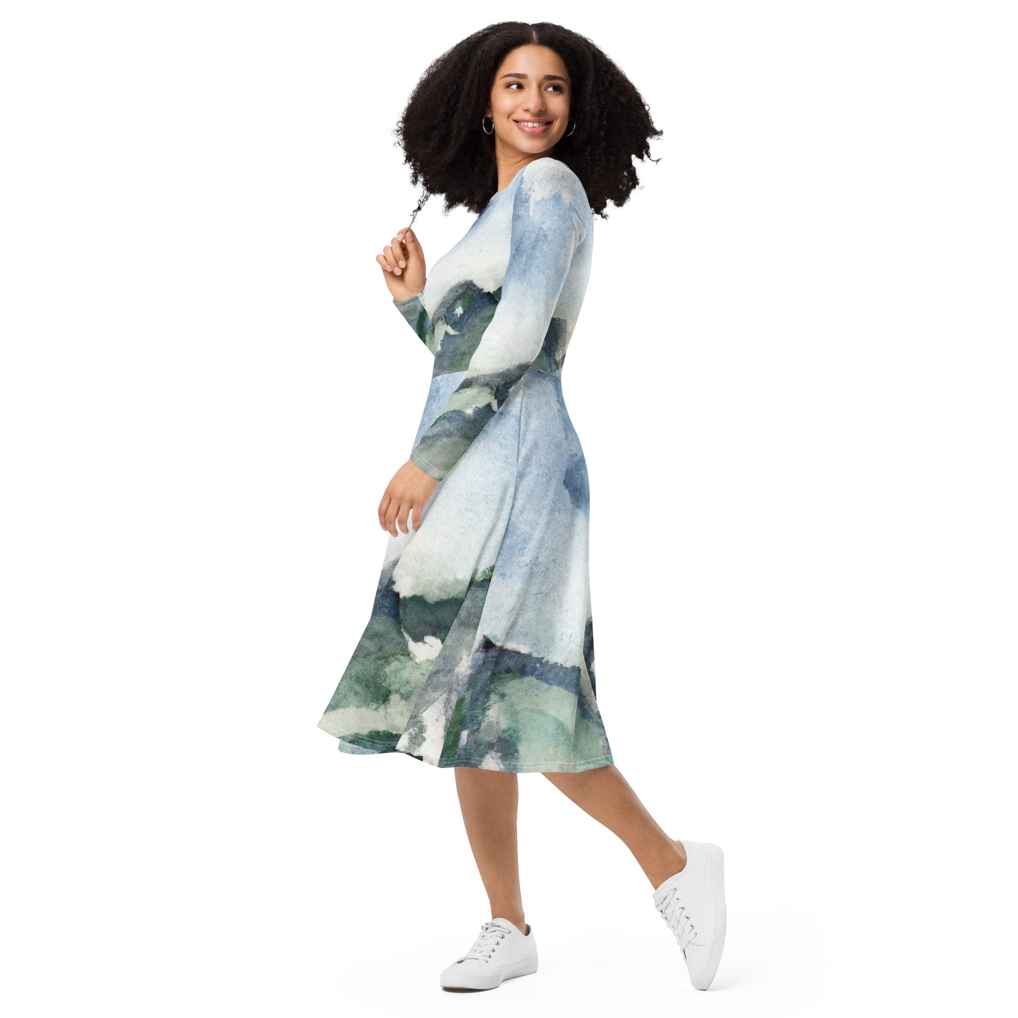 Womens Long Sleeve Midi Dress with Green Mountainside Nature Landscape print, featuring a boat neckline and side pockets.
