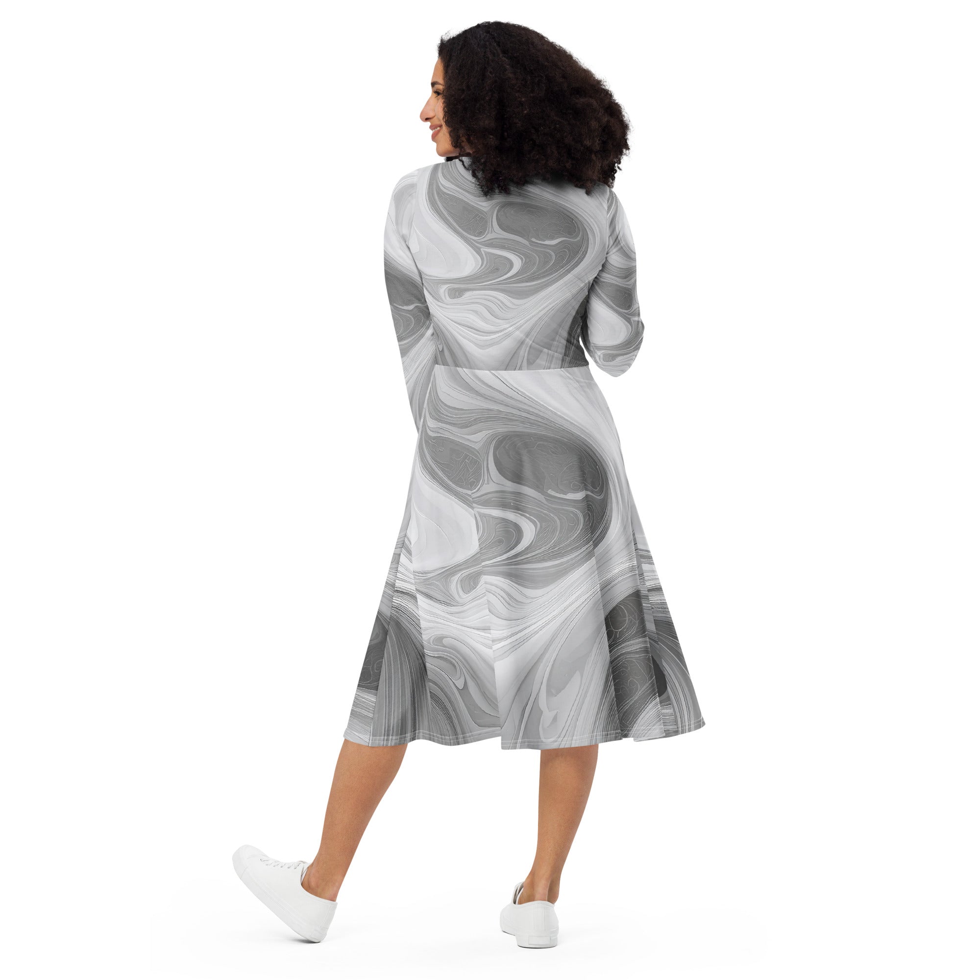 Womens Long Sleeve Midi Dress featuring a Grey White Boho Marble Print, showcasing its elegant design and practical side pockets.