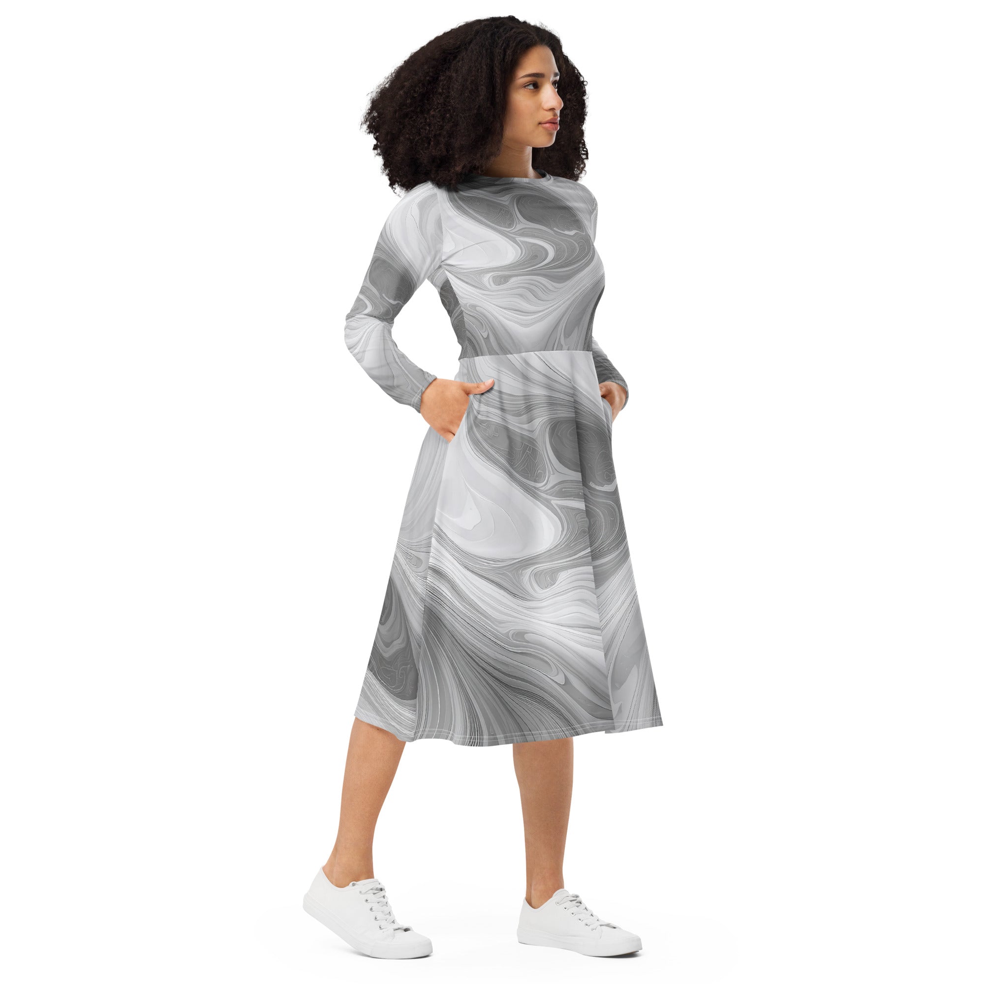 Womens Long Sleeve Midi Dress featuring a Grey White Boho Marble Print, showcasing its elegant design and practical side pockets.