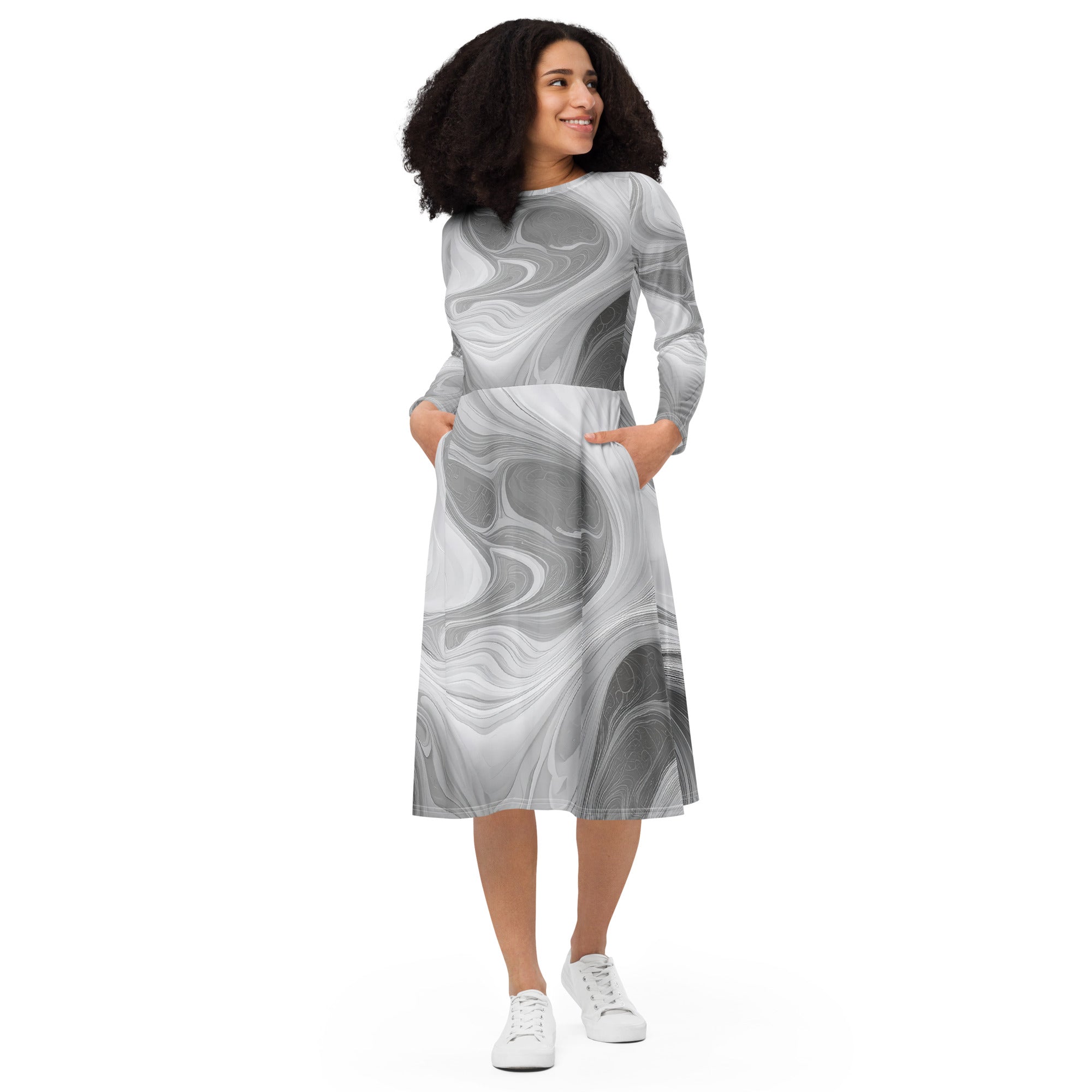 Womens Long Sleeve Midi Dress featuring a Grey White Boho Marble Print, showcasing its elegant design and practical side pockets.