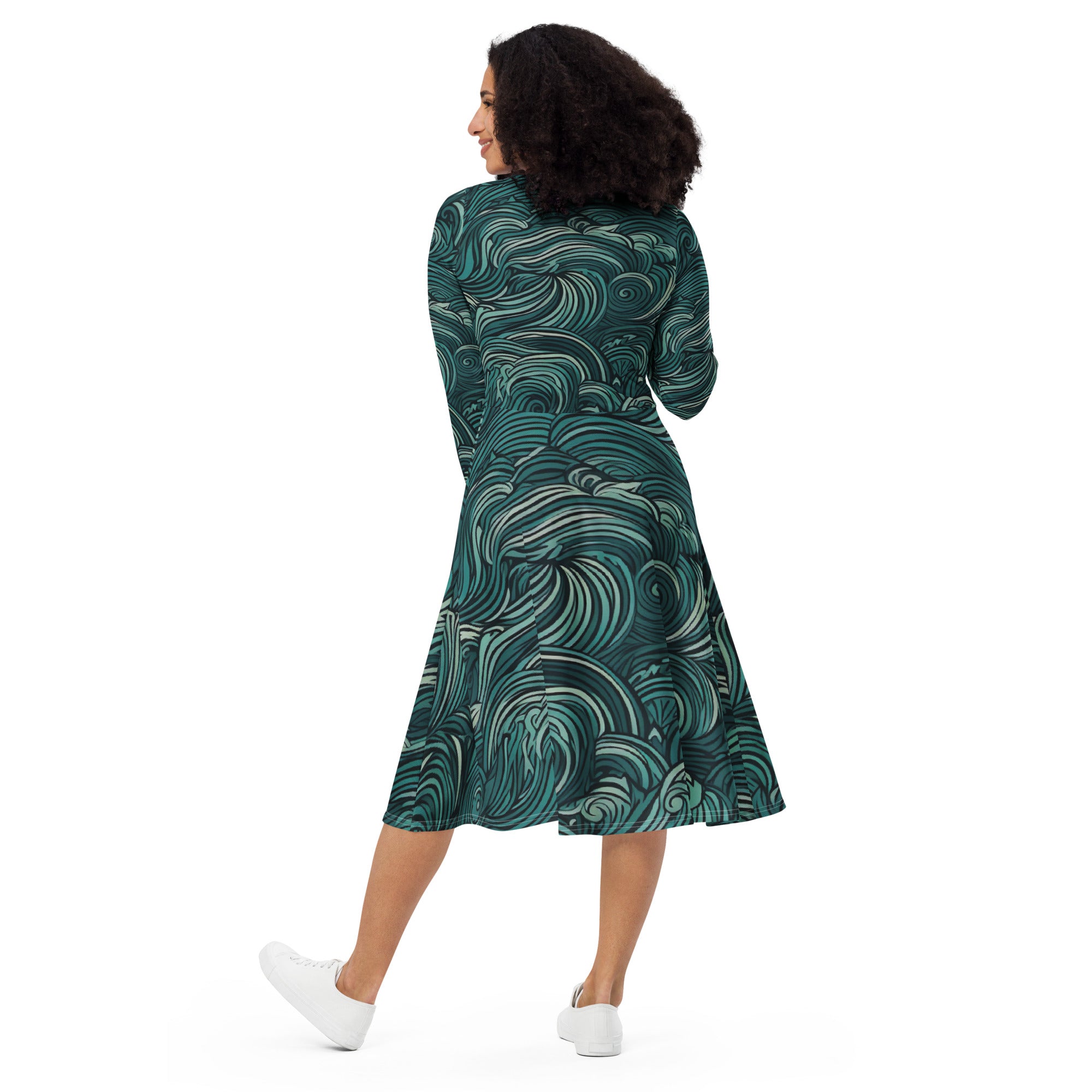 Womens Long Sleeve Midi Dress in mint green with water wave print, featuring long sleeves and side pockets.