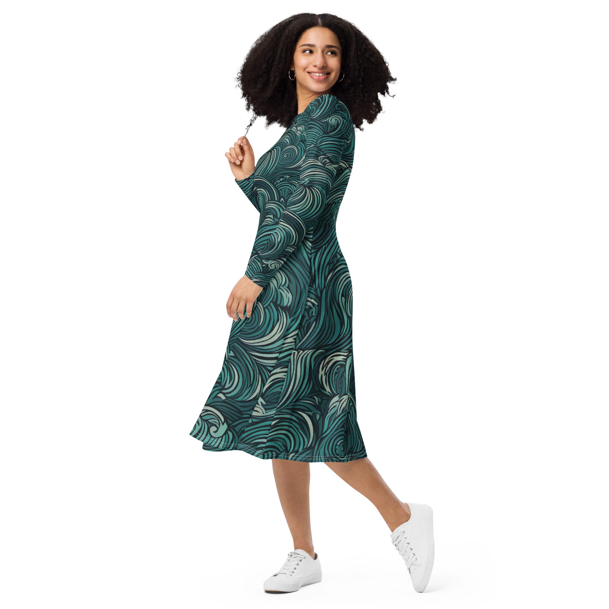 Womens Long Sleeve Midi Dress in mint green with water wave print, featuring long sleeves and side pockets.