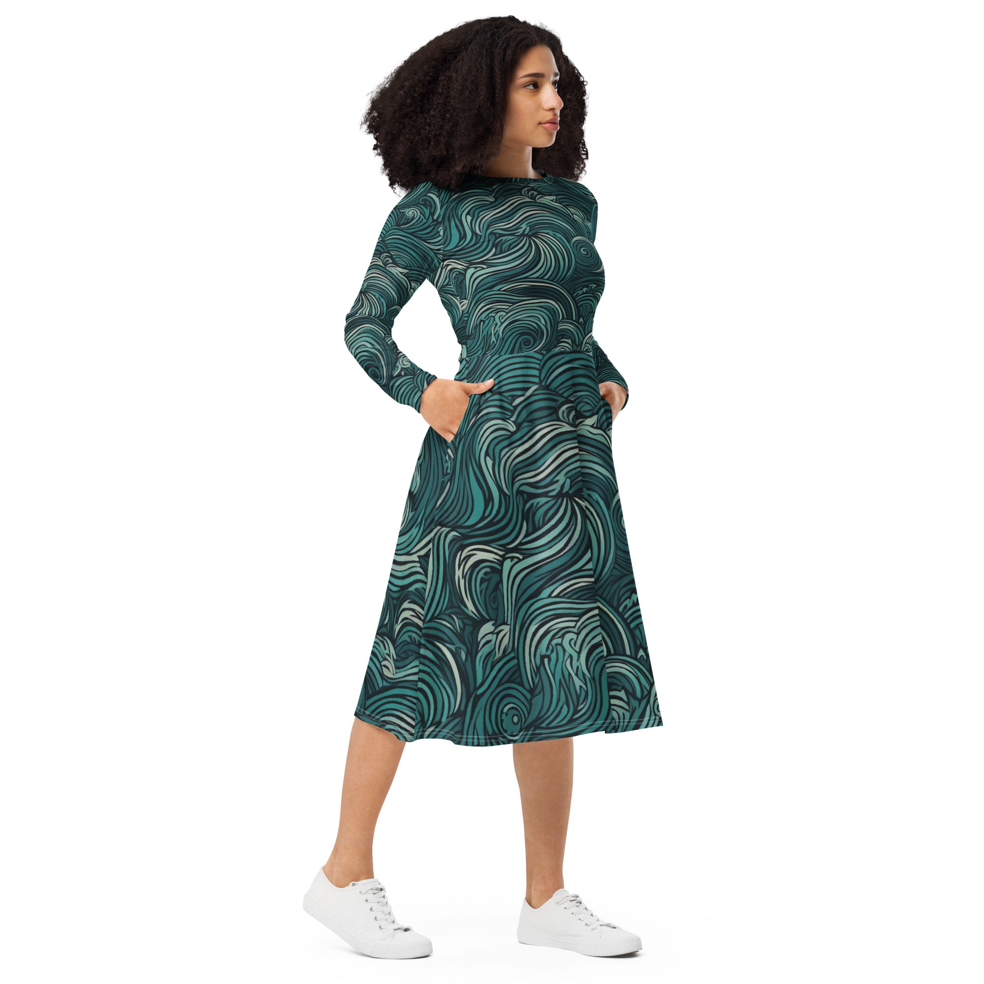 Womens Long Sleeve Midi Dress in mint green with water wave print, featuring long sleeves and side pockets.