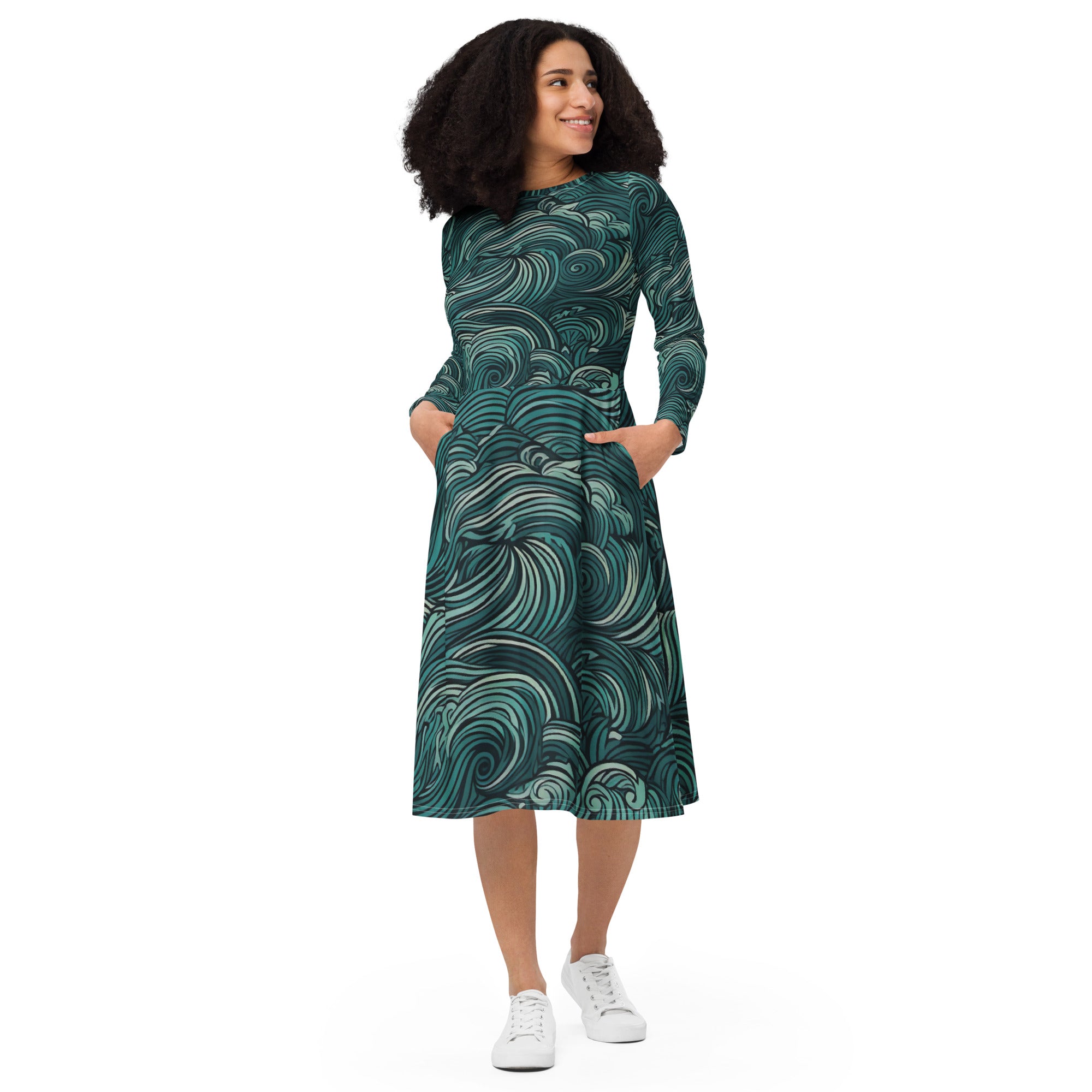Womens Long Sleeve Midi Dress in mint green with water wave print, featuring long sleeves and side pockets.