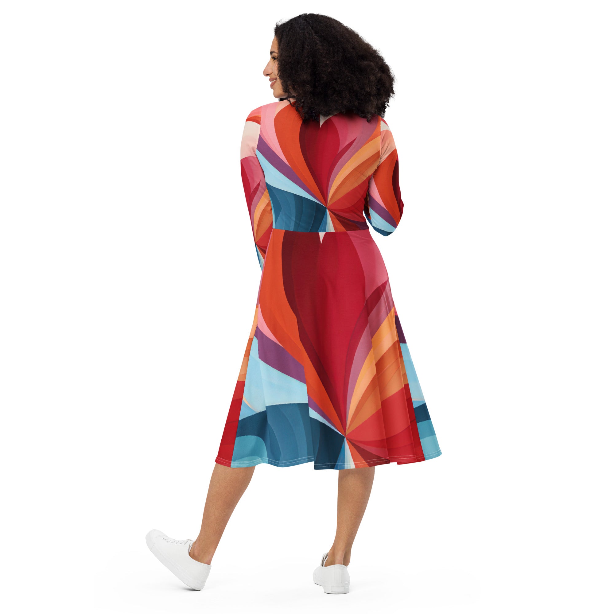 Womens Long Sleeve Midi Dress featuring a vibrant multicolor heart print, showcasing its fitted waist and flared bottom design.