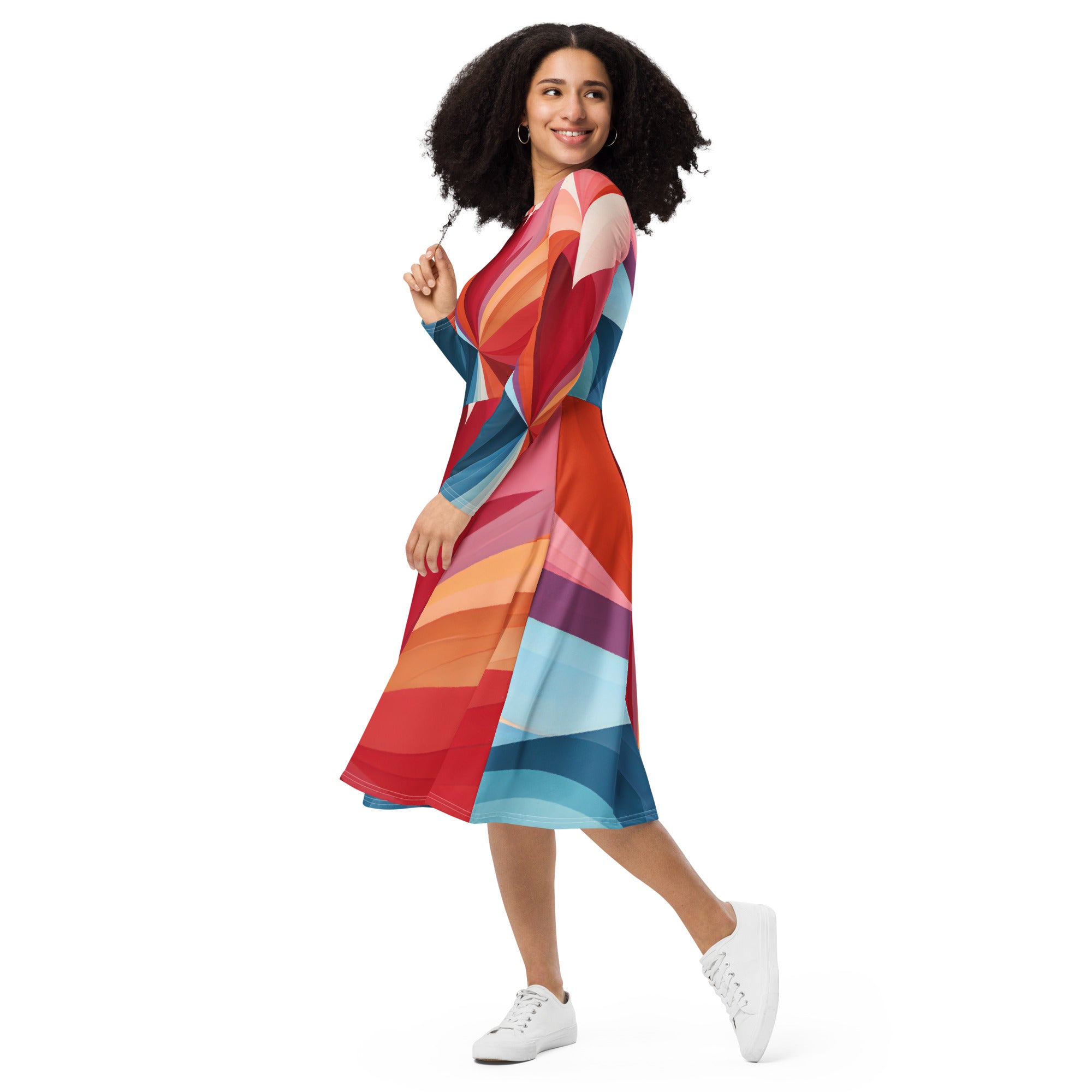 Womens Long Sleeve Midi Dress featuring a vibrant multicolor heart print, showcasing its fitted waist and flared bottom design.