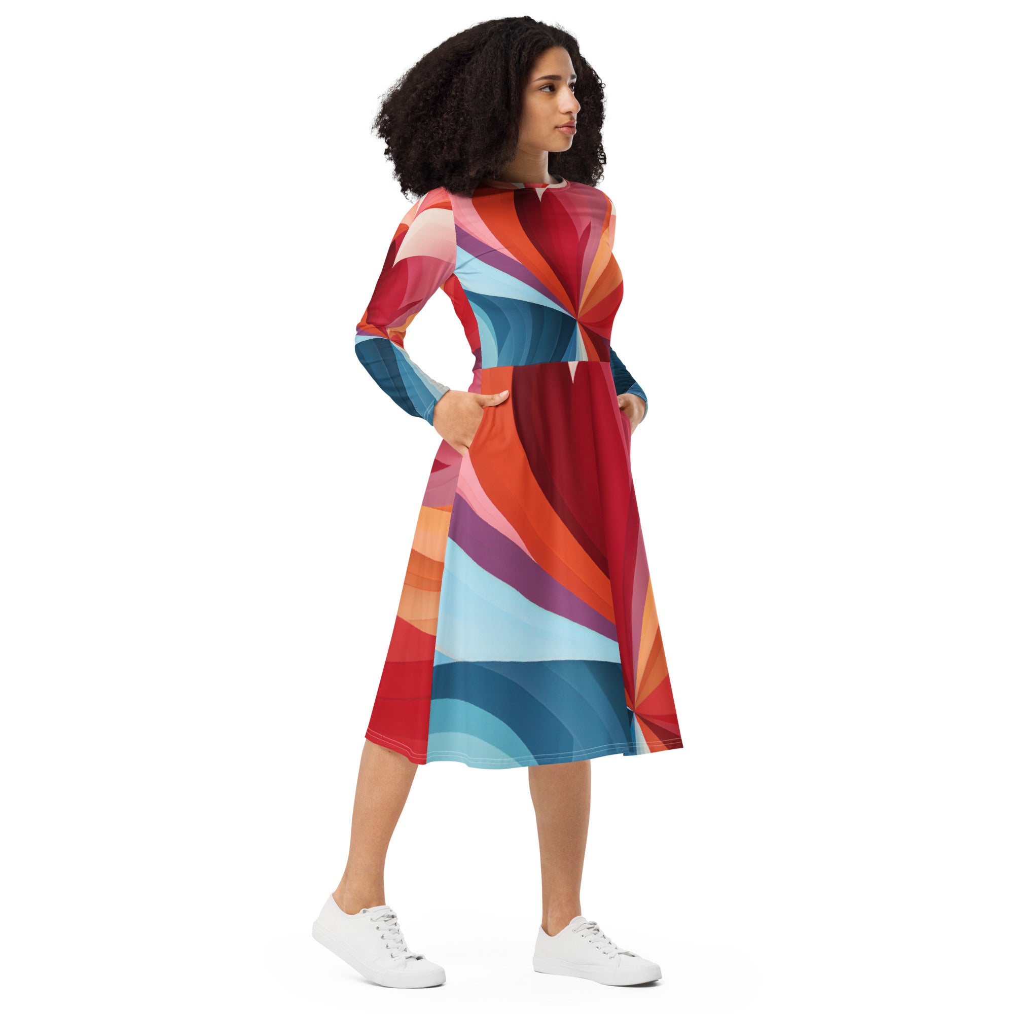 Womens Long Sleeve Midi Dress featuring a vibrant multicolor heart print, showcasing its fitted waist and flared bottom design.