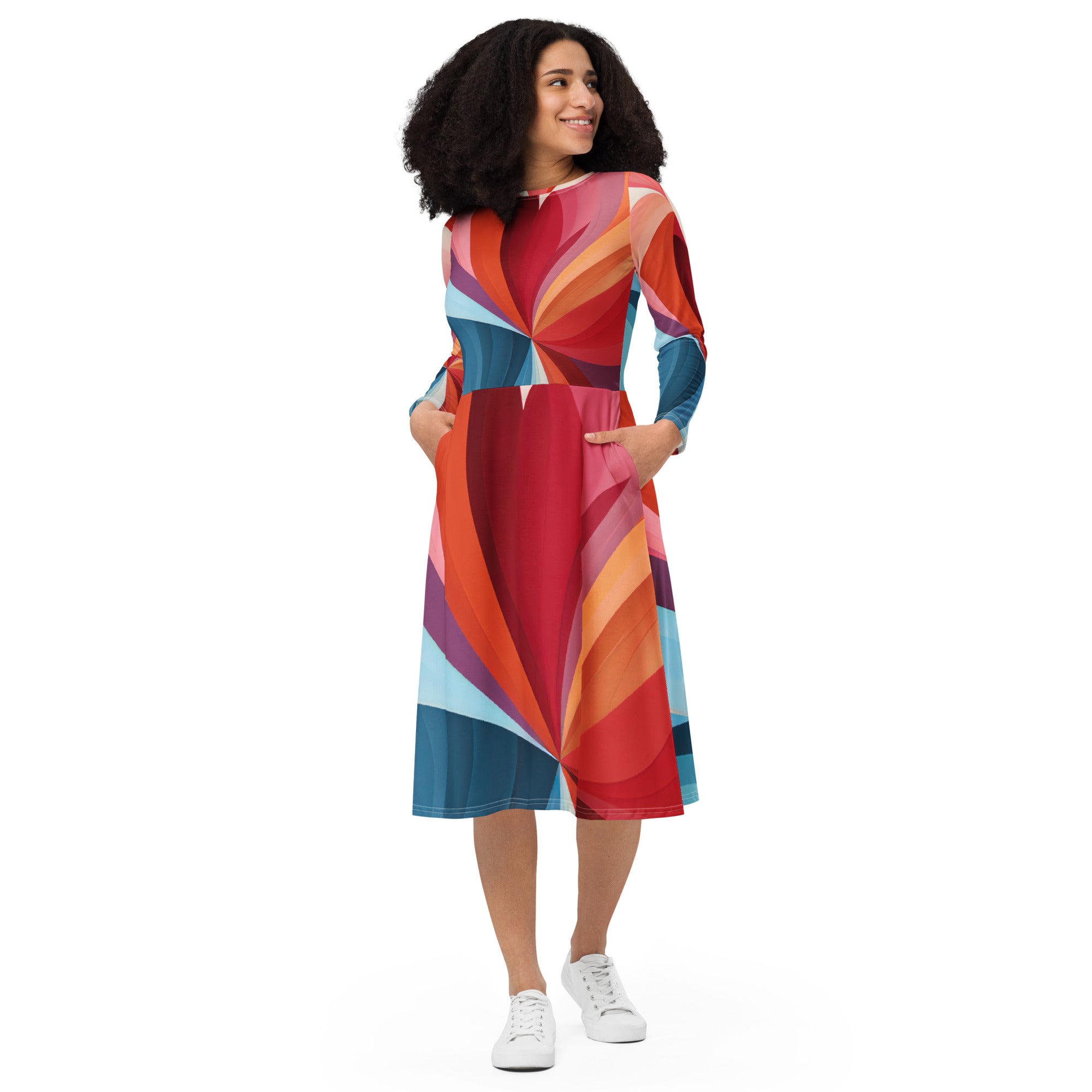 Womens Long Sleeve Midi Dress featuring a vibrant multicolor heart print, showcasing its fitted waist and flared bottom design.