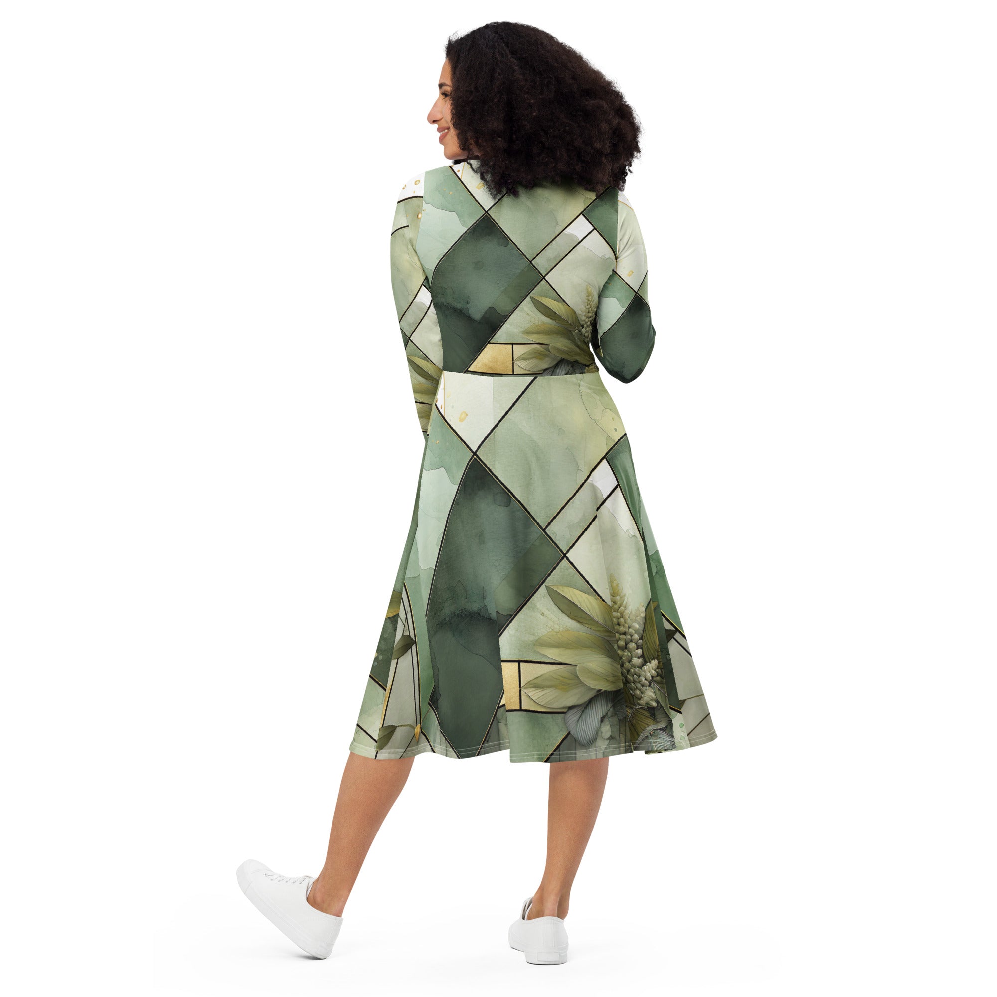 Womens Long Sleeve Midi Dress in Olive Green Mint Leaf Geometric Print, showcasing its flattering fit and stylish design.