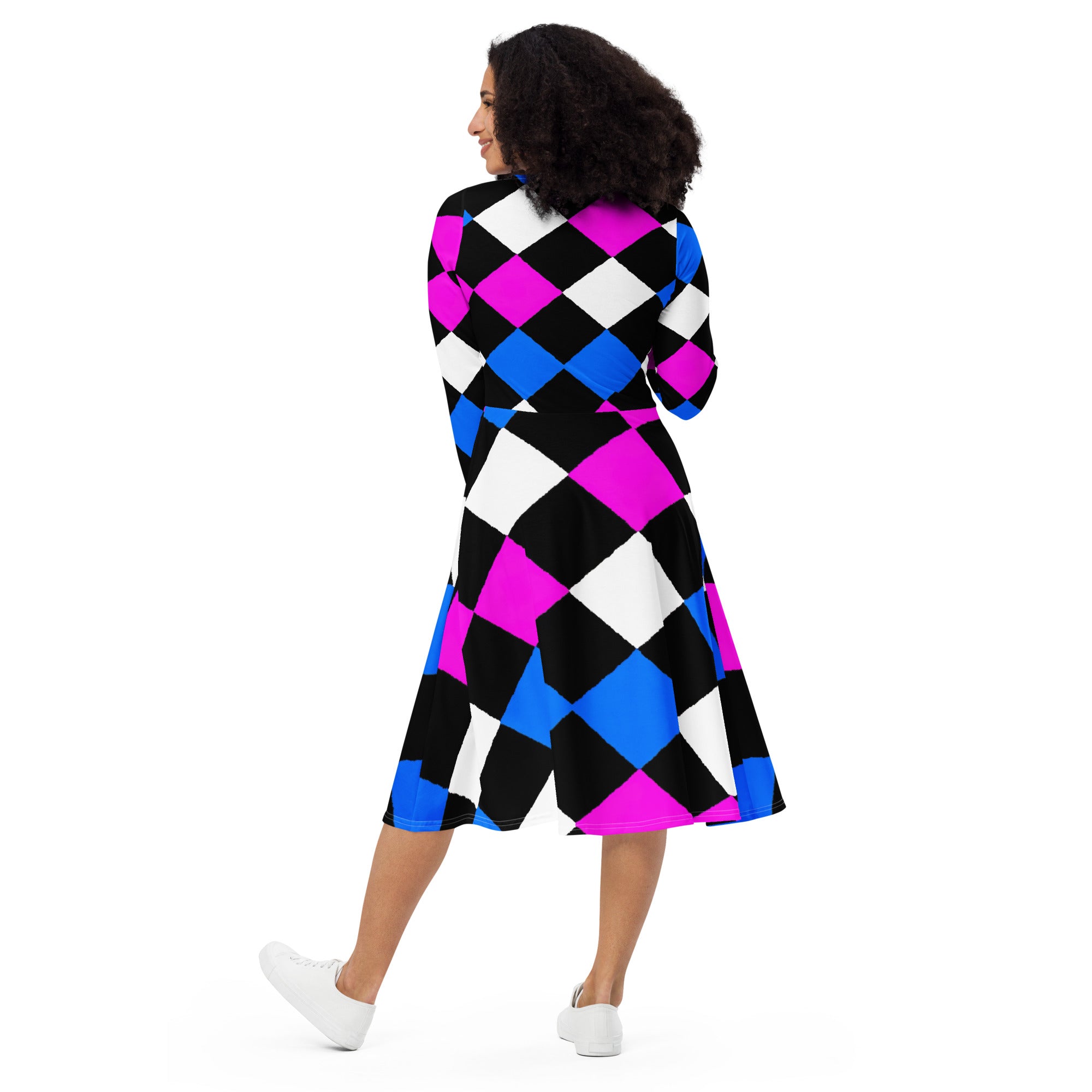Womens Long Sleeve Midi Dress featuring a pink blue checkered pattern, showcasing its elegant boat neckline and flared bottom with side pockets.