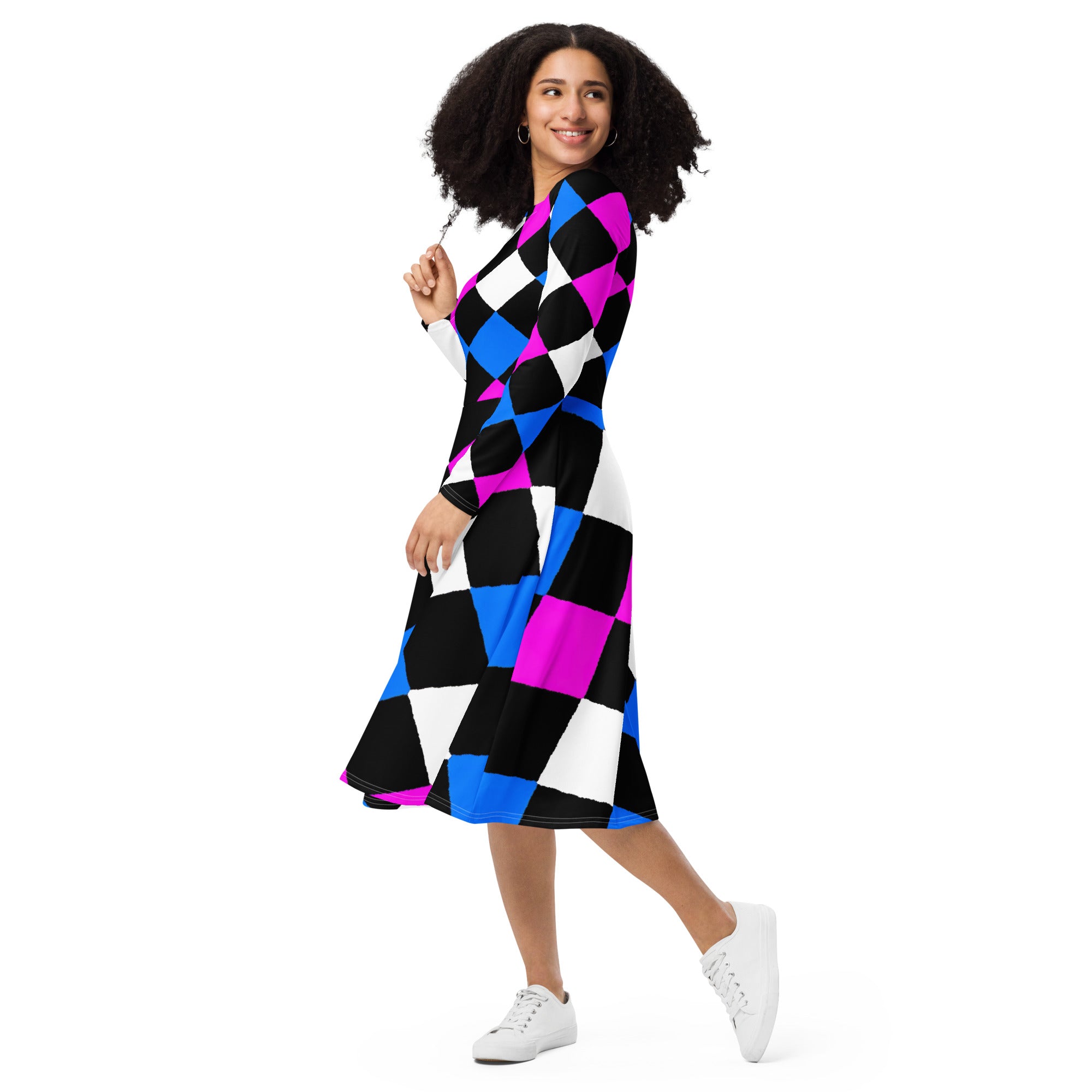 Womens Long Sleeve Midi Dress featuring a pink blue checkered pattern, showcasing its elegant boat neckline and flared bottom with side pockets.