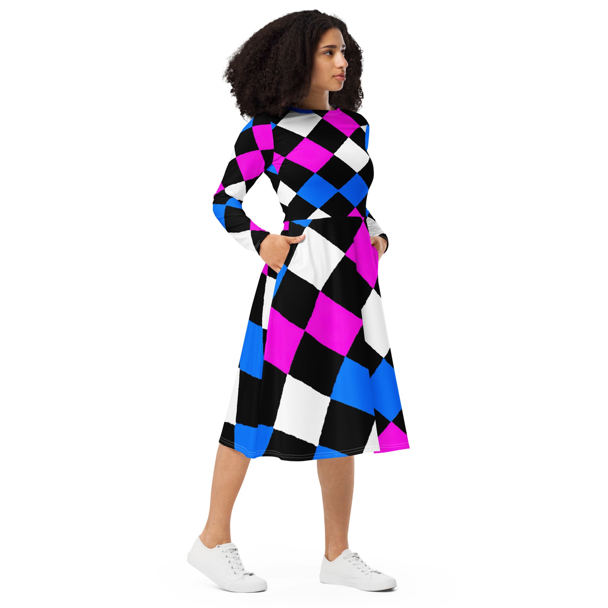 Womens Long Sleeve Midi Dress featuring a pink blue checkered pattern, showcasing its elegant boat neckline and flared bottom with side pockets.