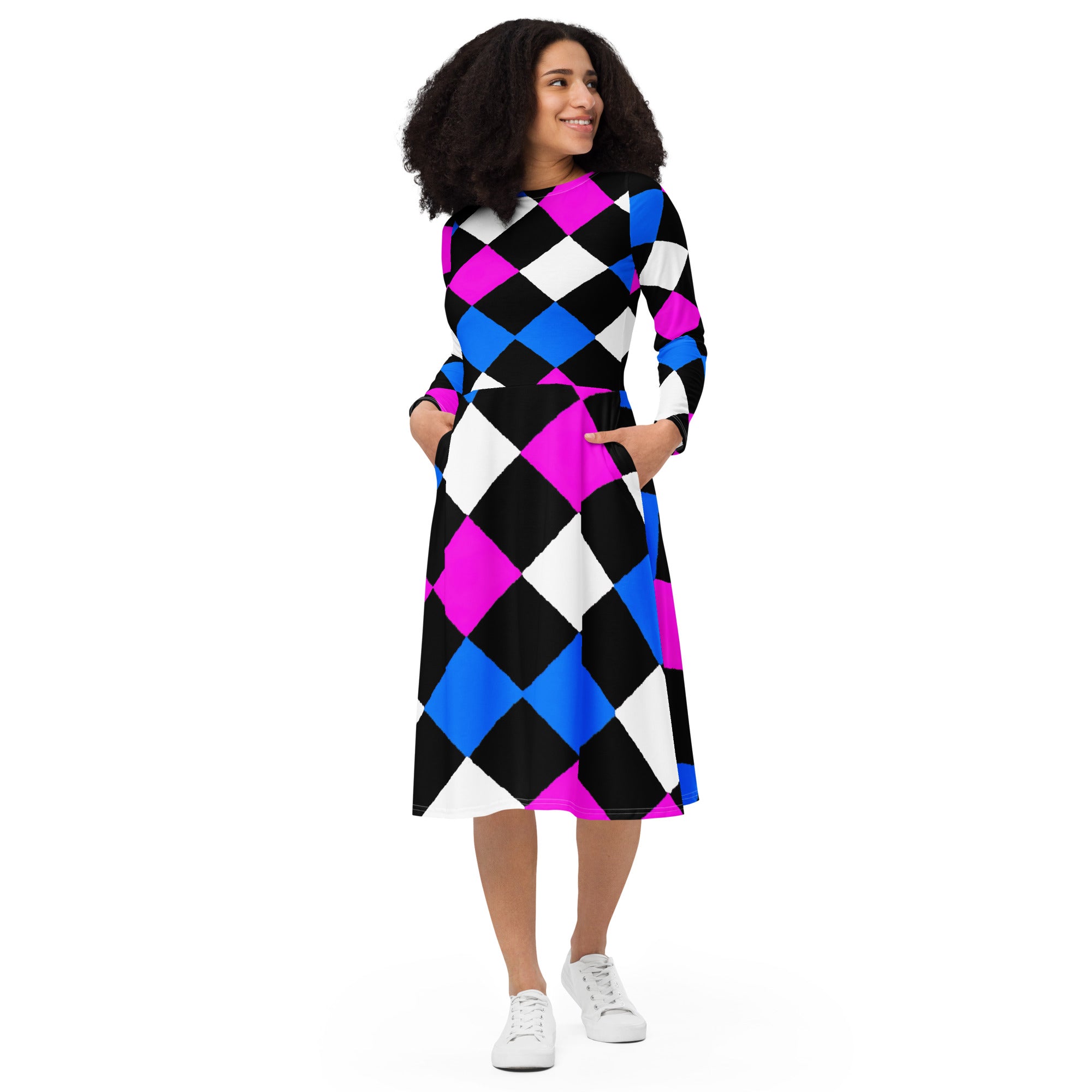 Womens Long Sleeve Midi Dress featuring a pink blue checkered pattern, showcasing its elegant boat neckline and flared bottom with side pockets.