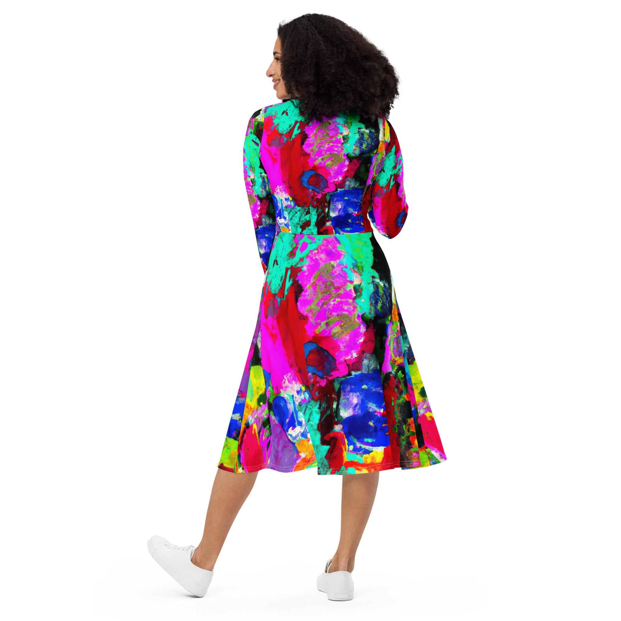 Womens Long Sleeve Midi Dress featuring a vibrant red multicolor abstract print, showcasing a fitted waist and flared bottom with side pockets.