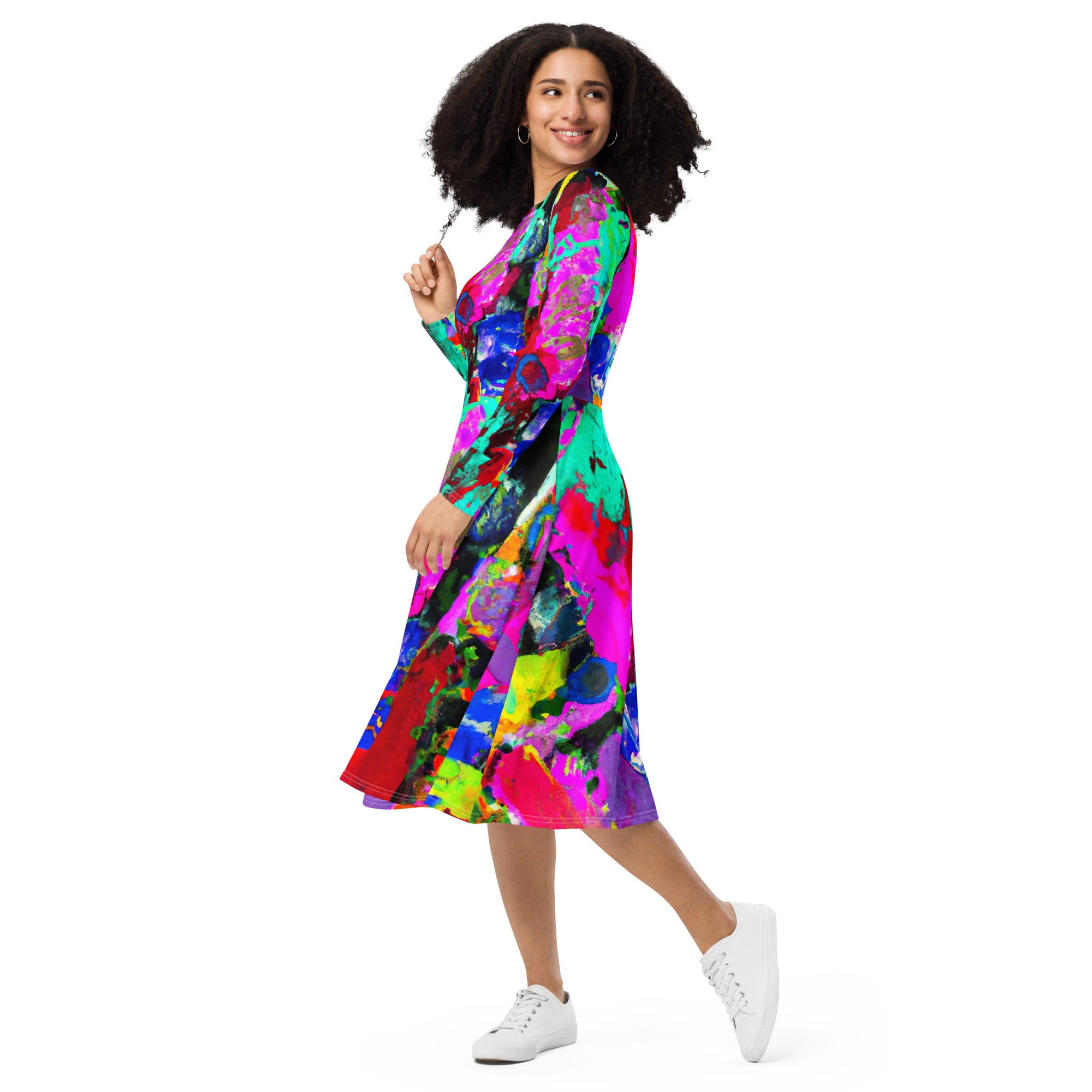 Womens Long Sleeve Midi Dress featuring a vibrant red multicolor abstract print, showcasing a fitted waist and flared bottom with side pockets.