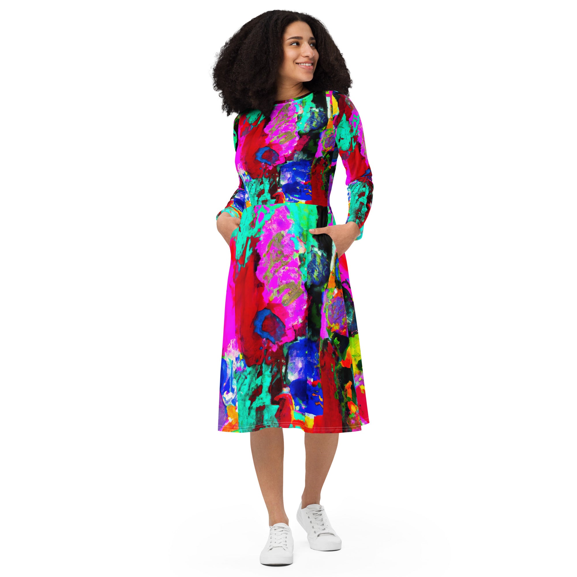 Womens Long Sleeve Midi Dress featuring a vibrant red multicolor abstract print, showcasing a fitted waist and flared bottom with side pockets.