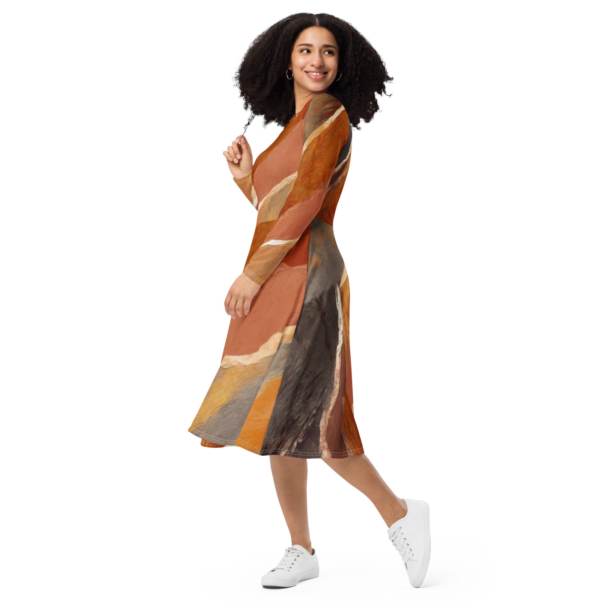Womens Long Sleeve Midi Dress in Rustic Brown Stone Print, featuring a boat neckline, long sleeves, and side pockets.